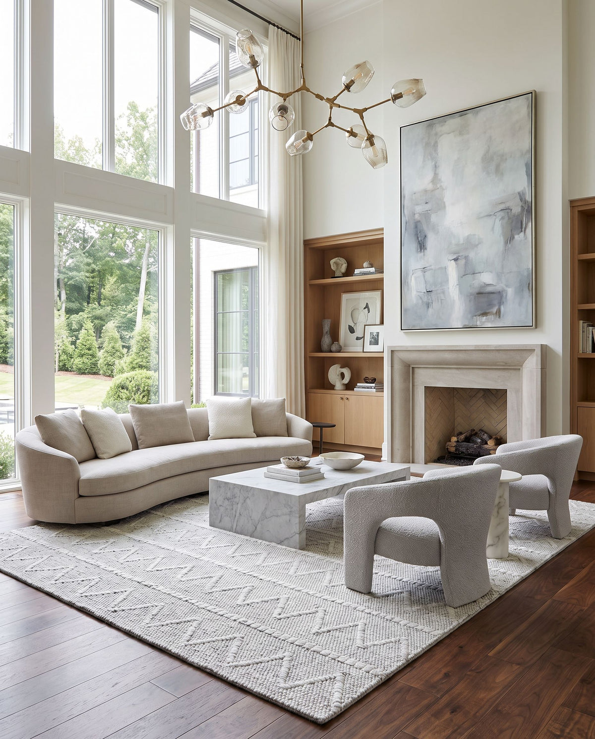 Empoli EPO-2307 Hand Woven Rug as the centerpiece of a bright luxury living room — a hand woven cottage area rug in medium gray tones