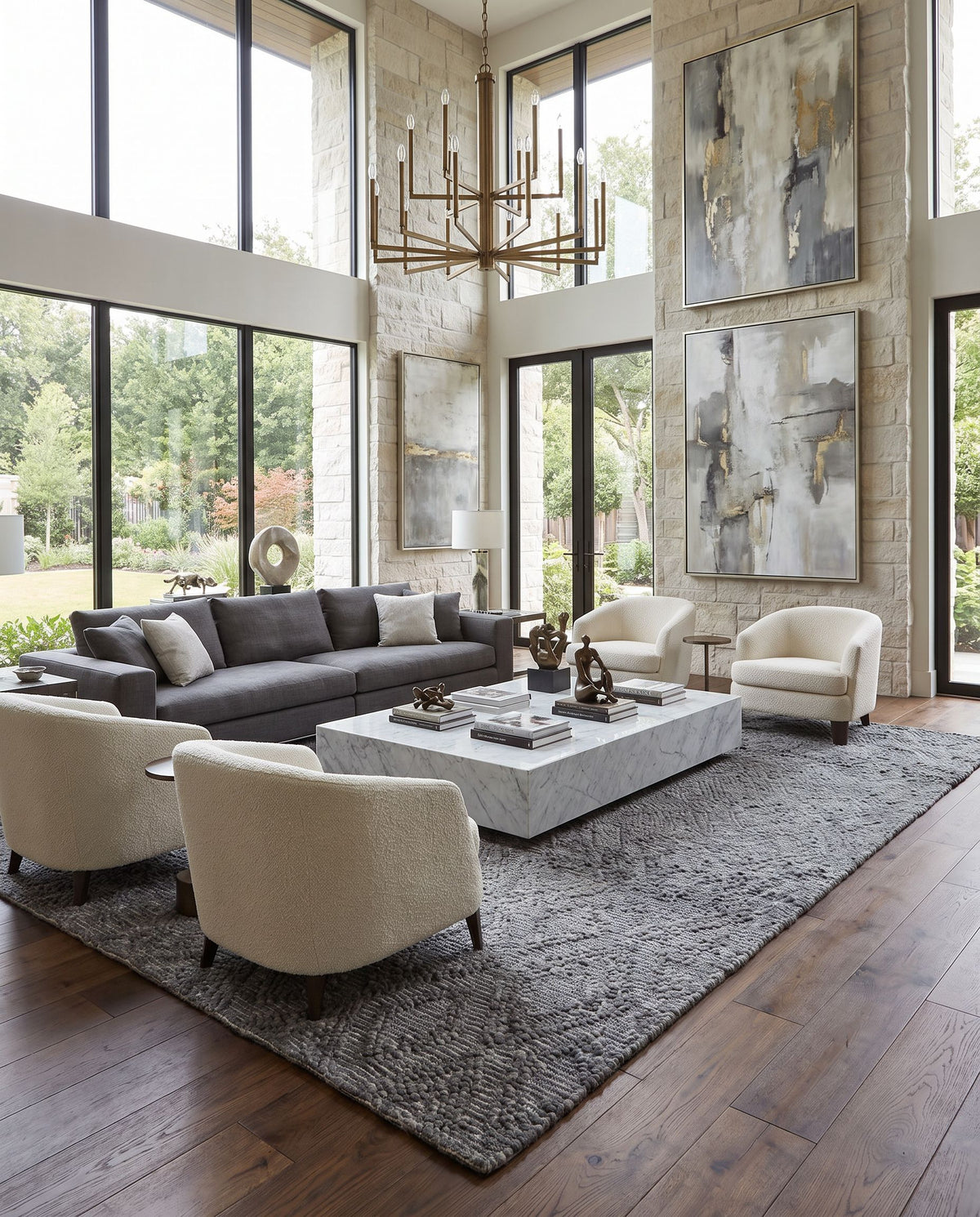 Empoli EPO-2312 Hand Woven Rug as the centerpiece of a bright luxury living room — a hand woven cottage area rug in charcoal, slate and graphite tones