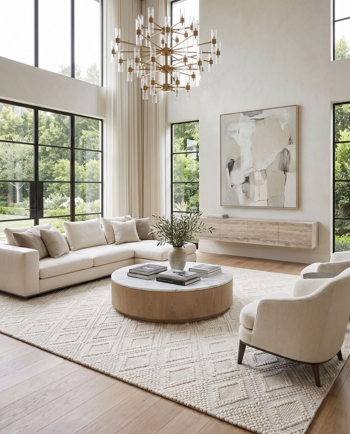 Empoli EPO-2313 Hand Woven Rug as the centerpiece of a bright luxury living room — a hand woven cottage area rug in cream and black tones
