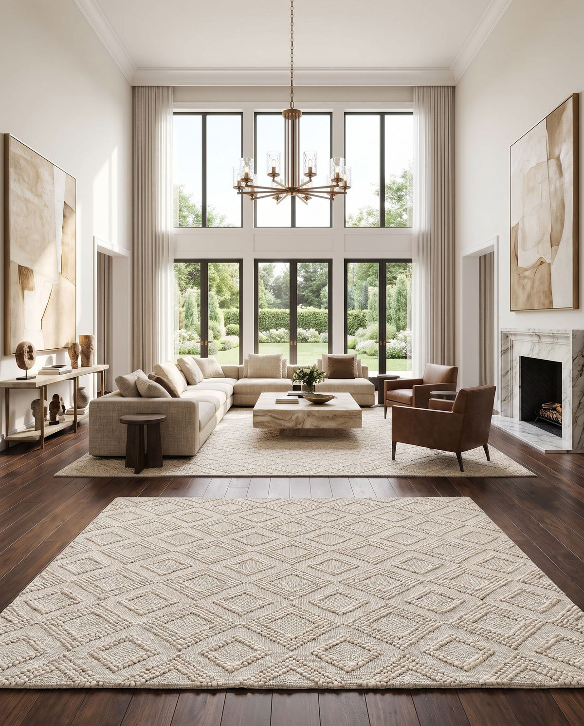 Empoli EPO-2314 Hand Woven Rug as the centerpiece of a bright luxury living room — a hand woven cottage area rug in beige and black tones