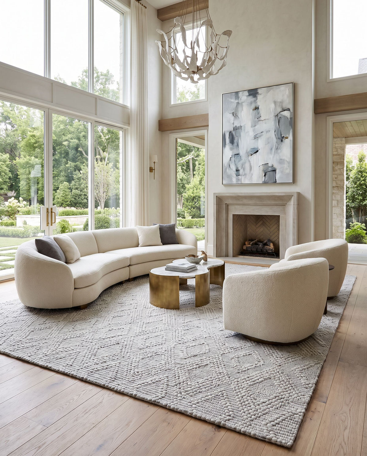 Empoli EPO-2315 Hand Woven Rug as the centerpiece of a bright luxury living room — a hand woven cottage area rug in medium gray tones