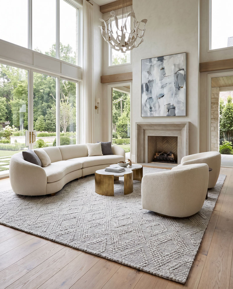 Empoli EPO-2315 Hand Woven Rug as the centerpiece of a bright luxury living room — a hand woven cottage area rug in medium gray tones