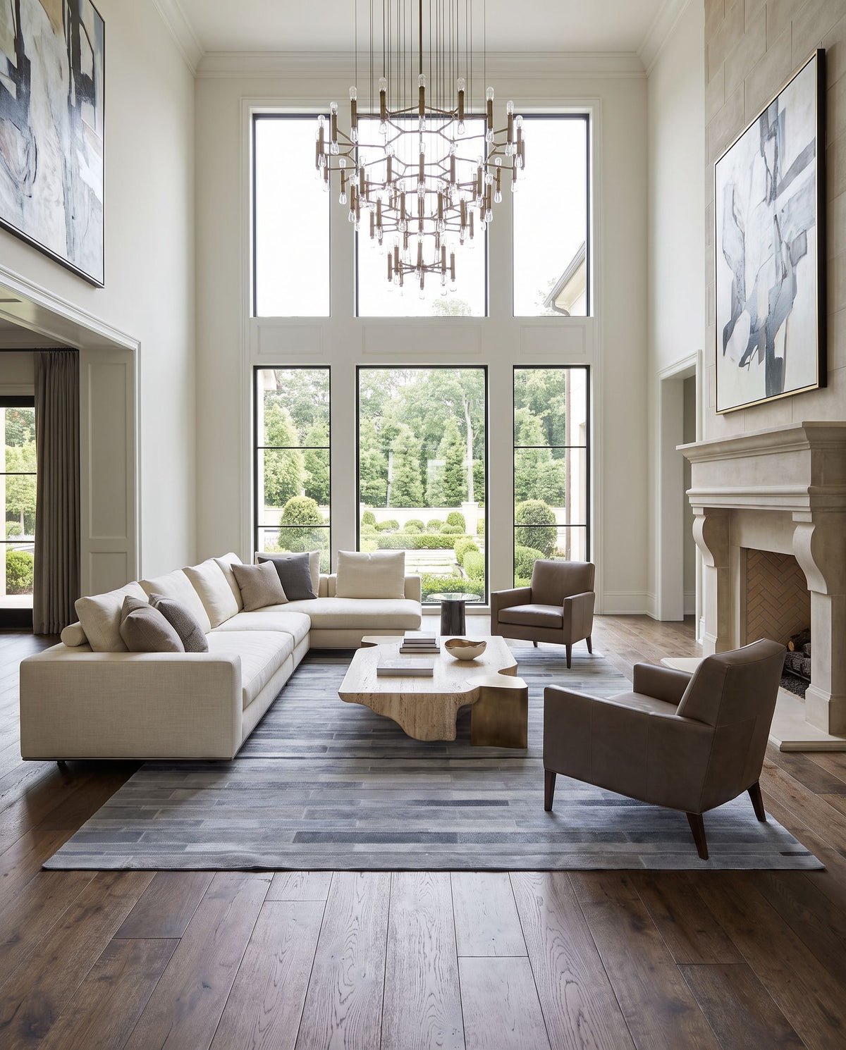 Elvira ERA-1000 Hand Crafted Rug as the centerpiece of a bright luxury living room — a hand crafted rustic area rug in slate and charcoal tones