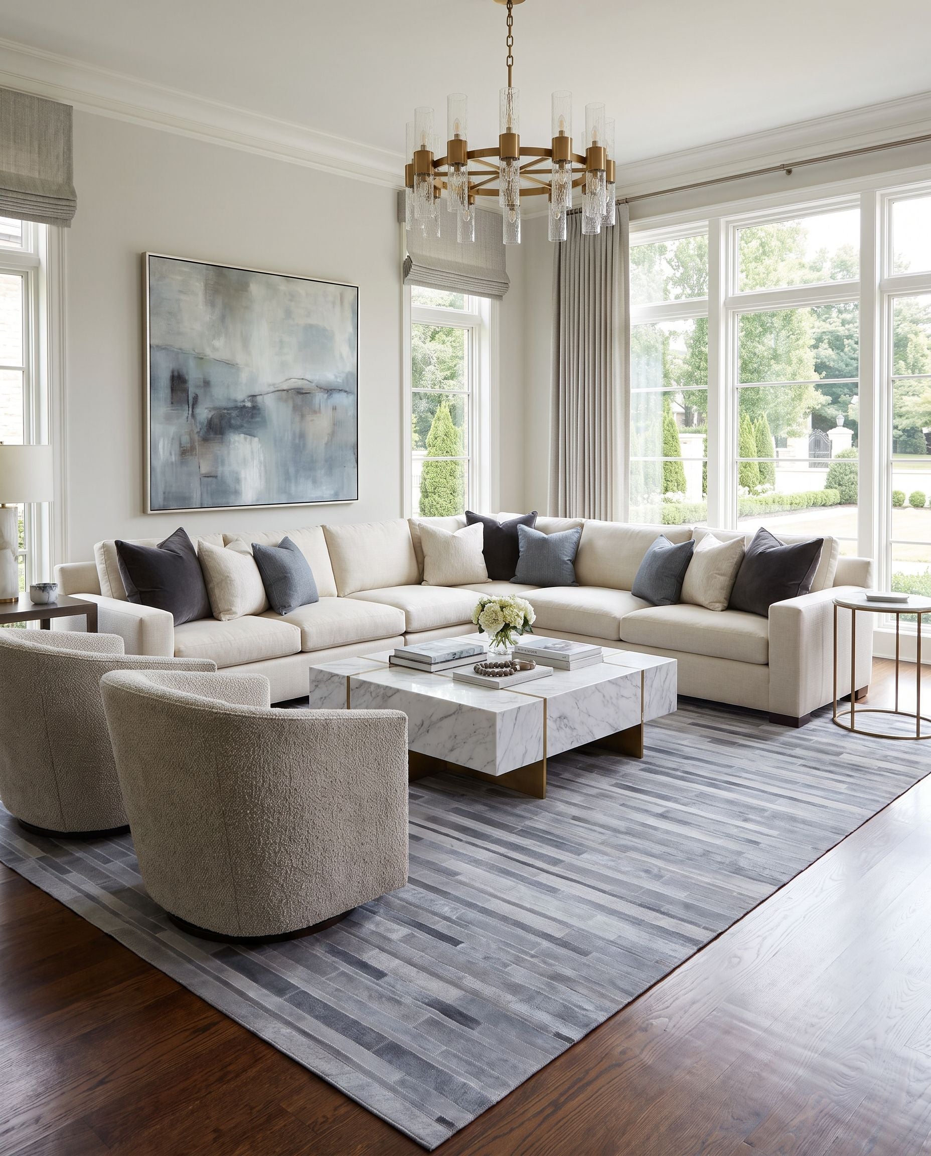 Elvira ERA-1000 Hand Crafted Rug styled in an elegant designer living room — hand crafted rustic area rug in slate and charcoal tones