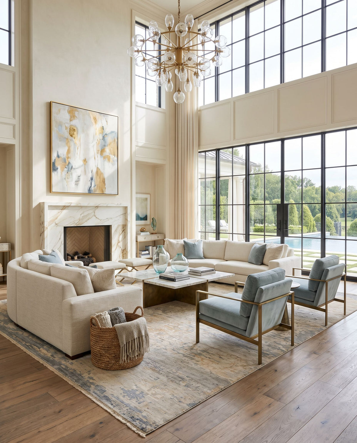 Emery EYM-2301 Hand Knotted Rug styled in an elegant designer living room — hand knotted modern area rug in gray, oatmeal and beige tones