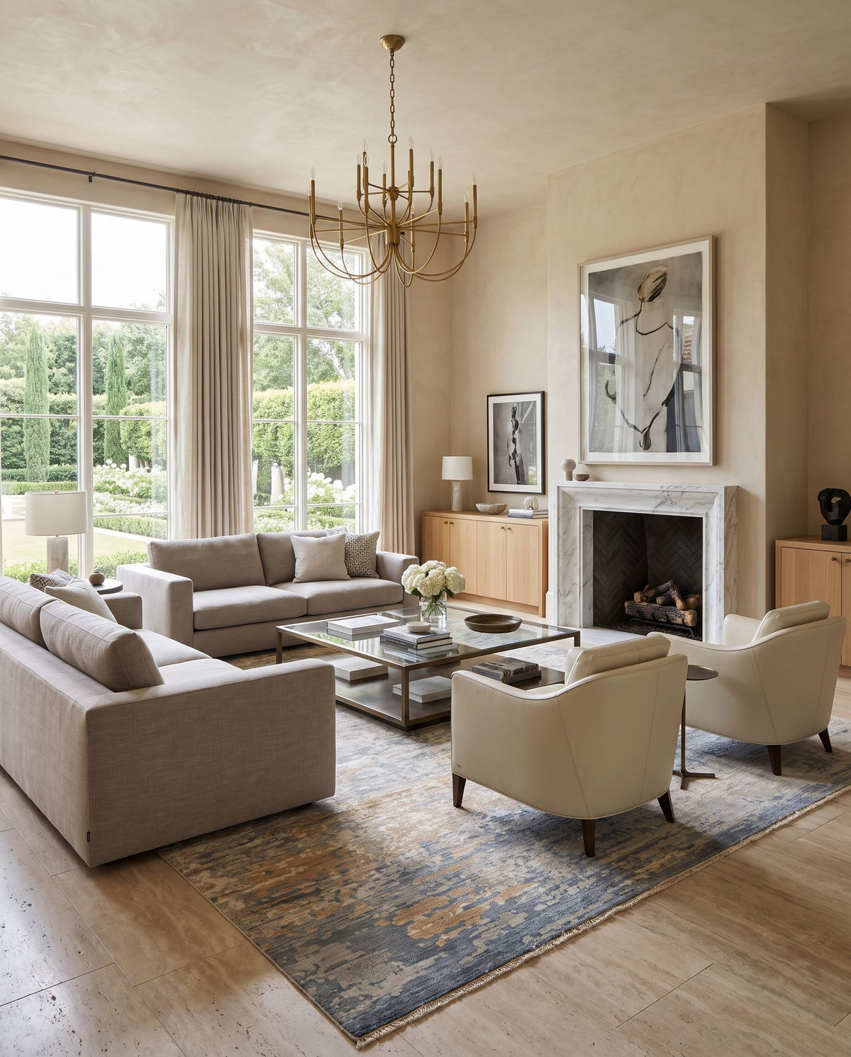 Emery EYM-2301 Hand Knotted Rug styled in an elegant designer living room — hand knotted modern area rug in gray, oatmeal and beige tones