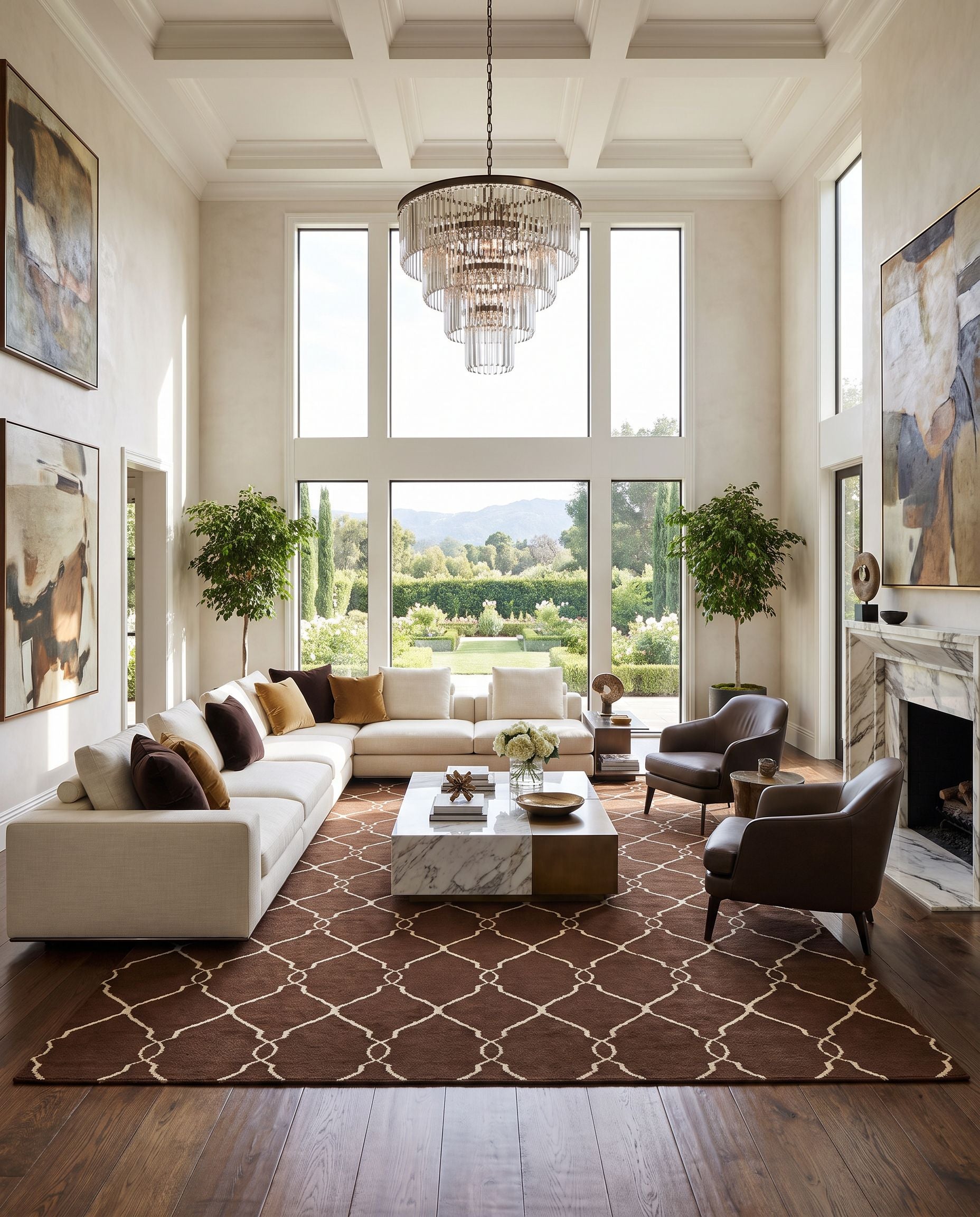 Fallon FAL-1000 Hand Woven Rug as the centerpiece of a bright luxury living room — a hand woven modern area rug in dark brown and light beige tones
