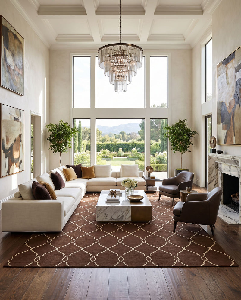 Fallon FAL-1000 Hand Woven Rug as the centerpiece of a bright luxury living room — a hand woven modern area rug in dark brown and light beige tones