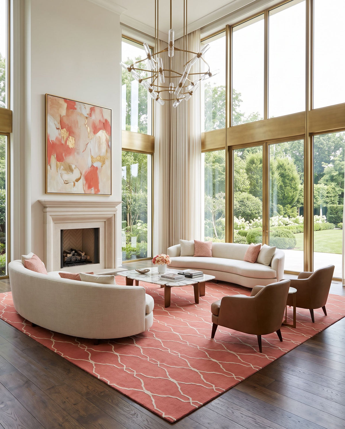 Fallon FAL-1002 Hand Woven Rug as the centerpiece of a bright luxury living room — a hand woven modern area rug in rose and oatmeal tones