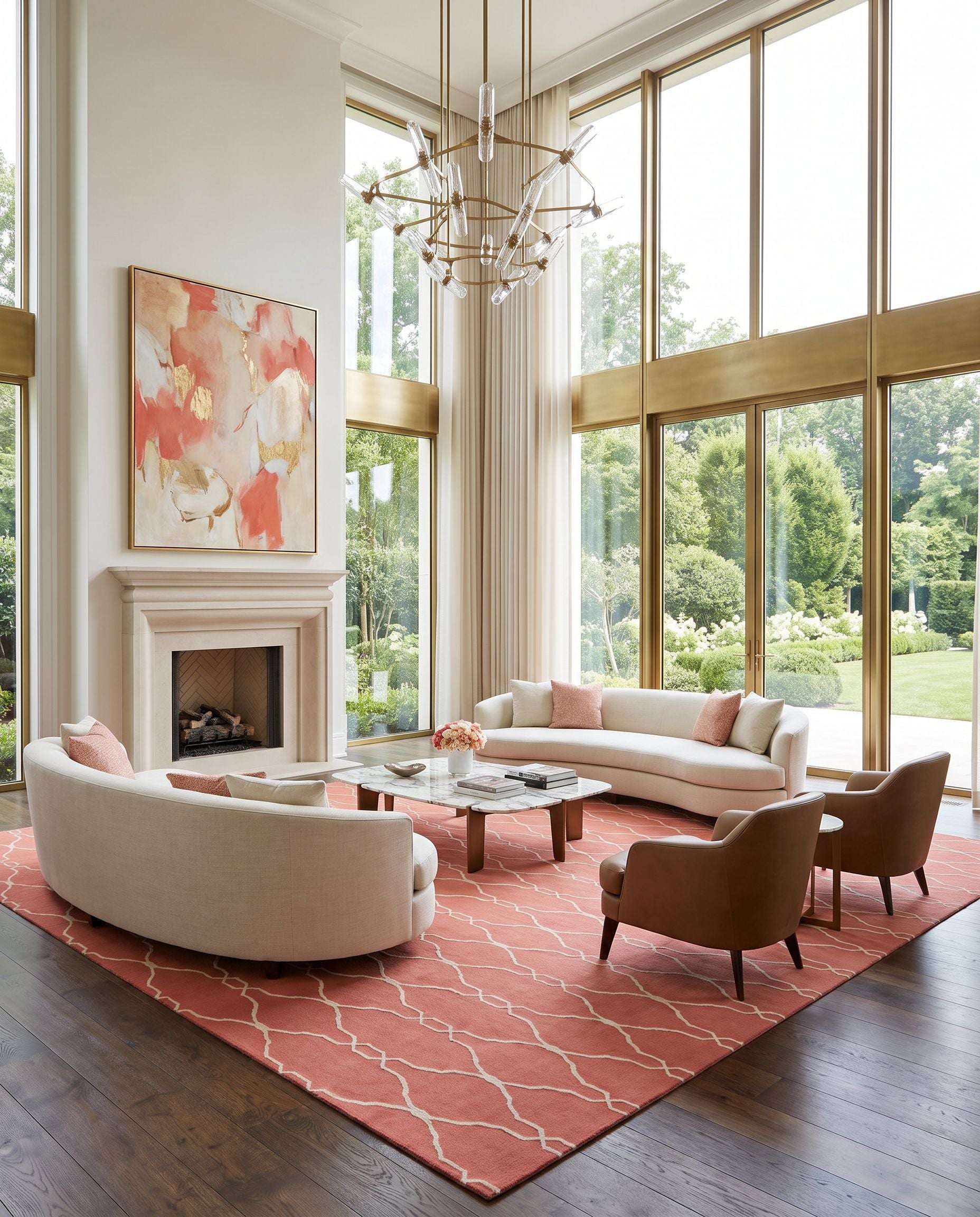 Fallon FAL-1002 Hand Woven Rug as the centerpiece of a bright luxury living room — a hand woven modern area rug in rose and oatmeal tones