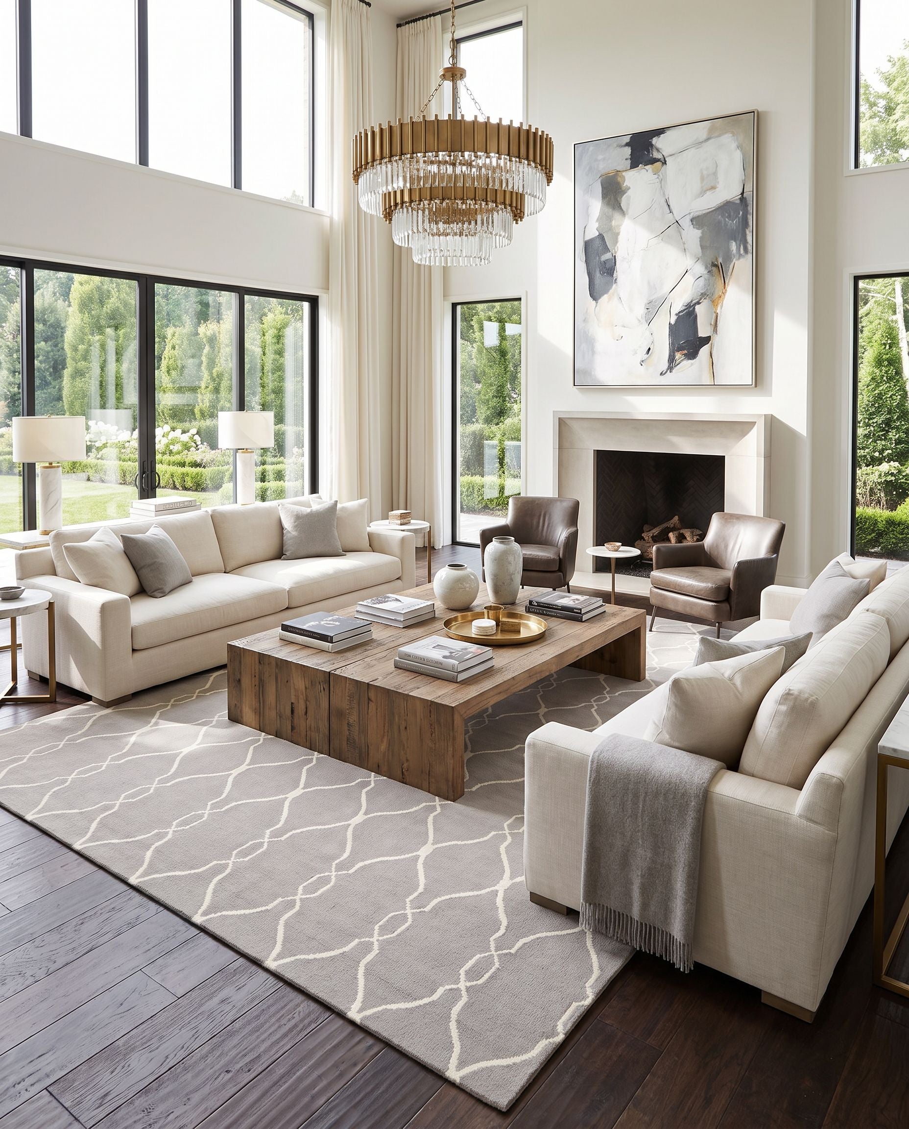 Fallon FAL-1003 Hand Woven Rug as the centerpiece of a bright luxury living room — a hand woven modern area rug in gray and light beige tones