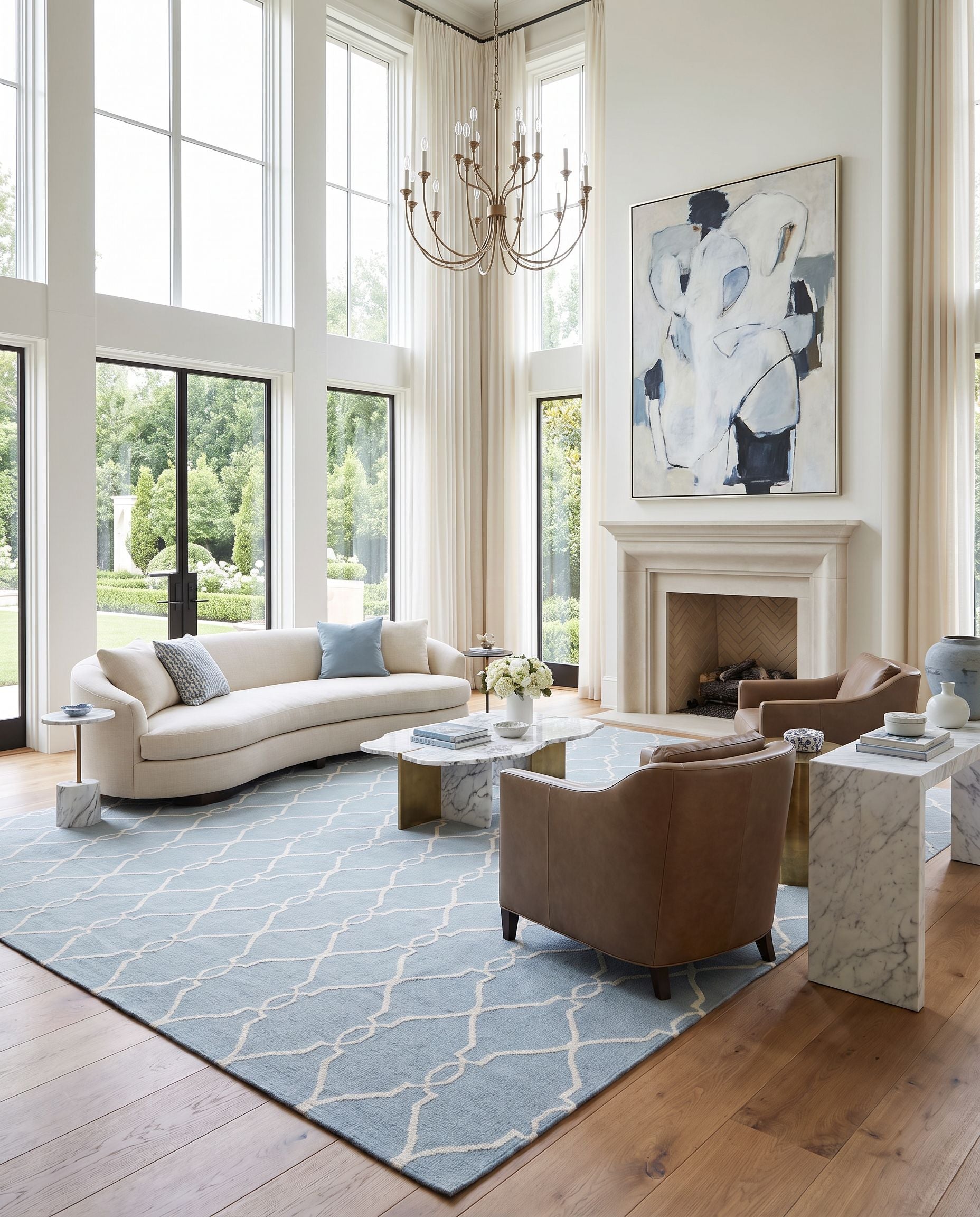 Fallon FAL-1005 Hand Woven Rug as the centerpiece of a bright luxury living room — a hand woven modern area rug in blue and light beige tones