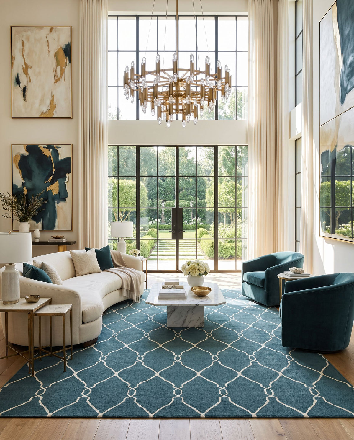 Fallon FAL-1007 Hand Woven Rug as the centerpiece of a bright luxury living room — a hand woven modern area rug in medium gray and light beige tones