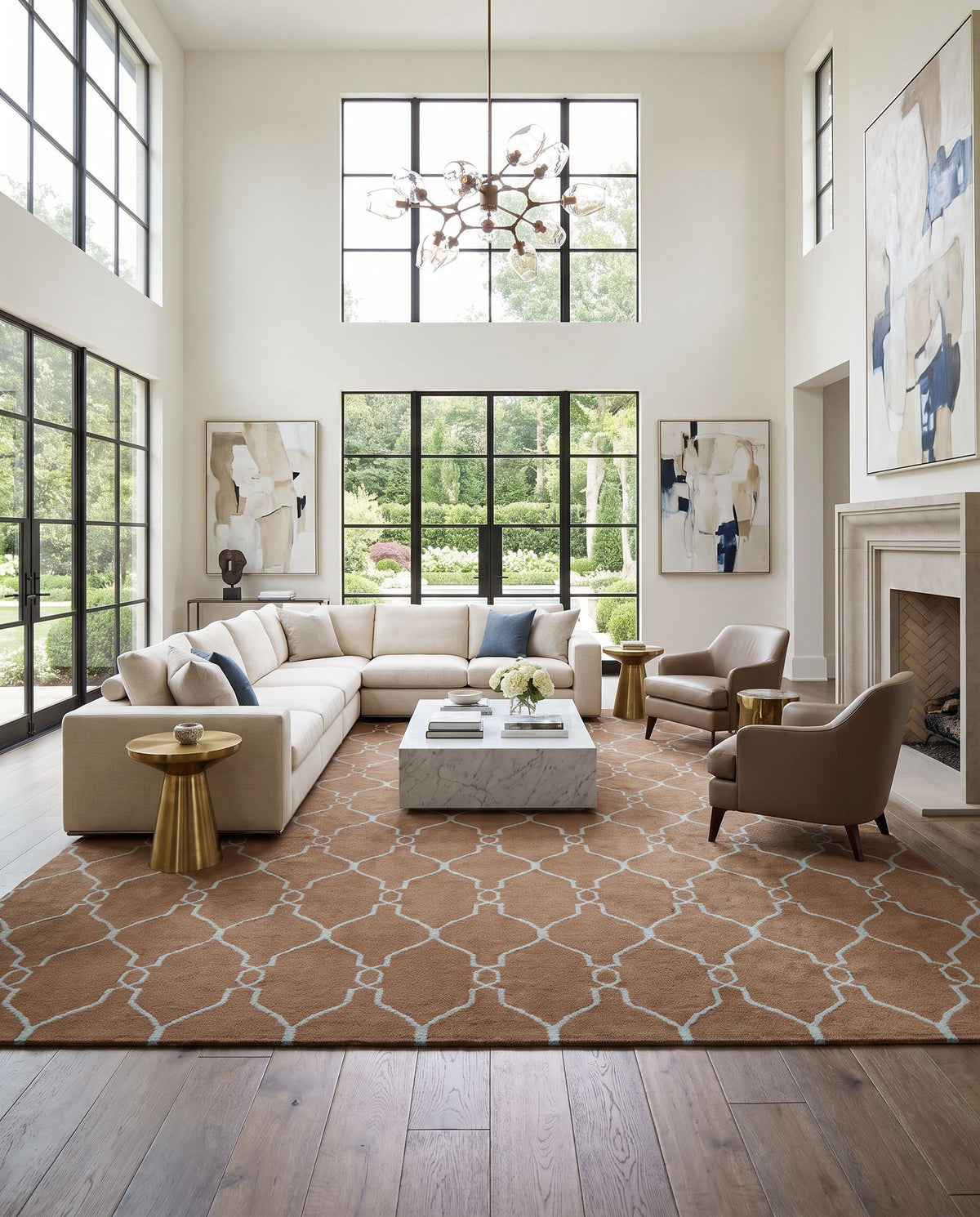 Fallon FAL-1008 Hand Woven Rug as the centerpiece of a bright luxury living room — a hand woven modern area rug in medium brown and dusty sage tones