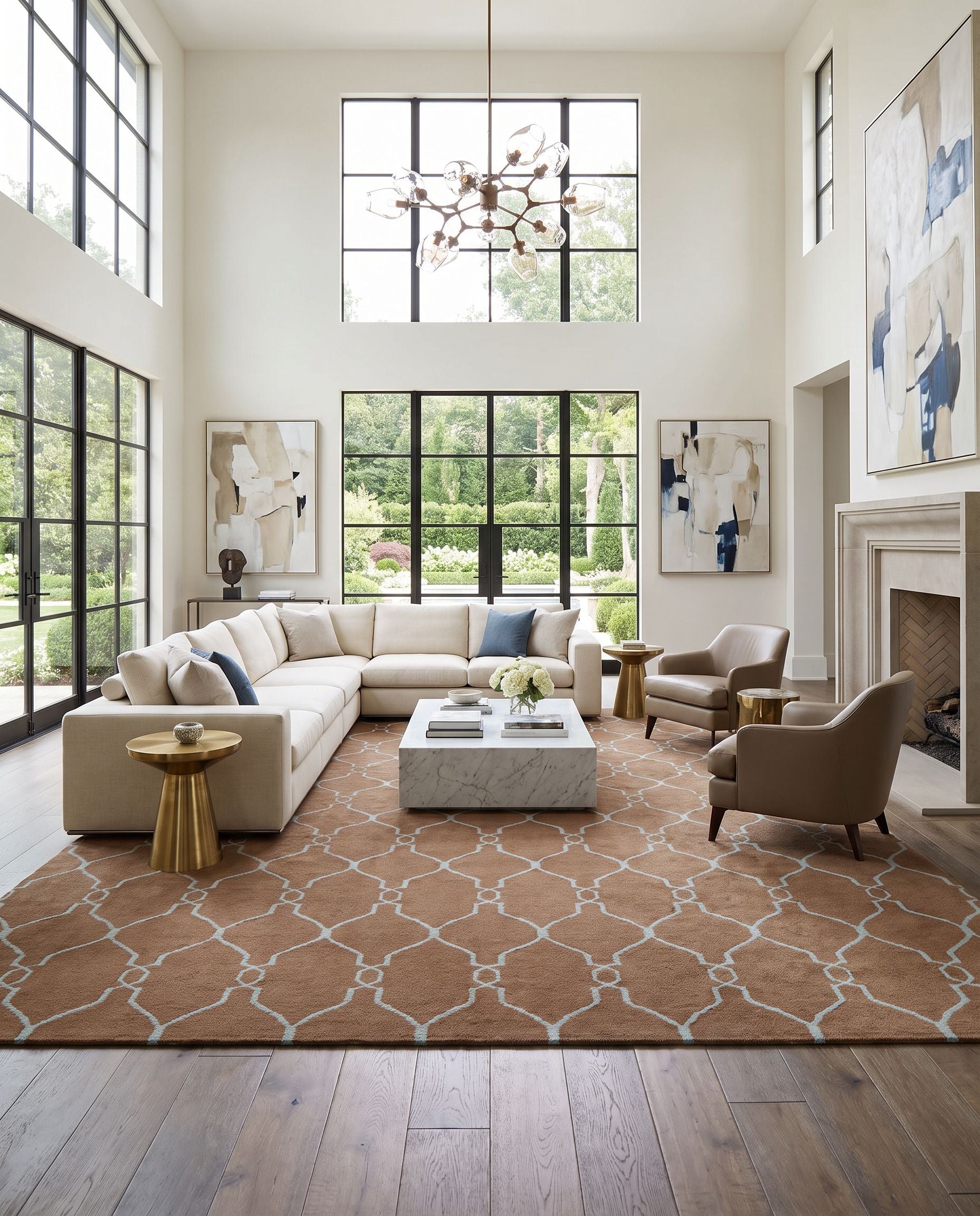 Fallon FAL-1008 Hand Woven Rug as the centerpiece of a bright luxury living room — a hand woven modern area rug in medium brown and dusty sage tones