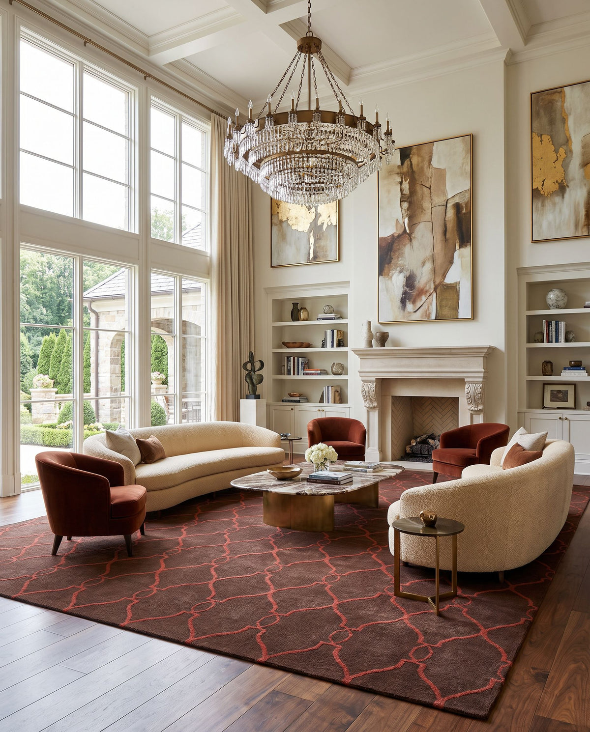 Fallon FAL-1010 Hand Woven Rug as the centerpiece of a bright luxury living room — a hand woven modern area rug in medium brown and burgundy tones