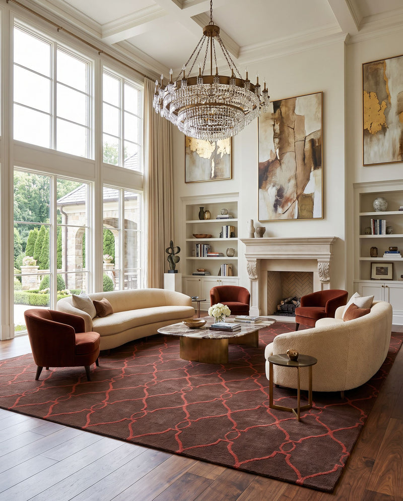 Fallon FAL-1010 Hand Woven Rug as the centerpiece of a bright luxury living room — a hand woven modern area rug in medium brown and burgundy tones