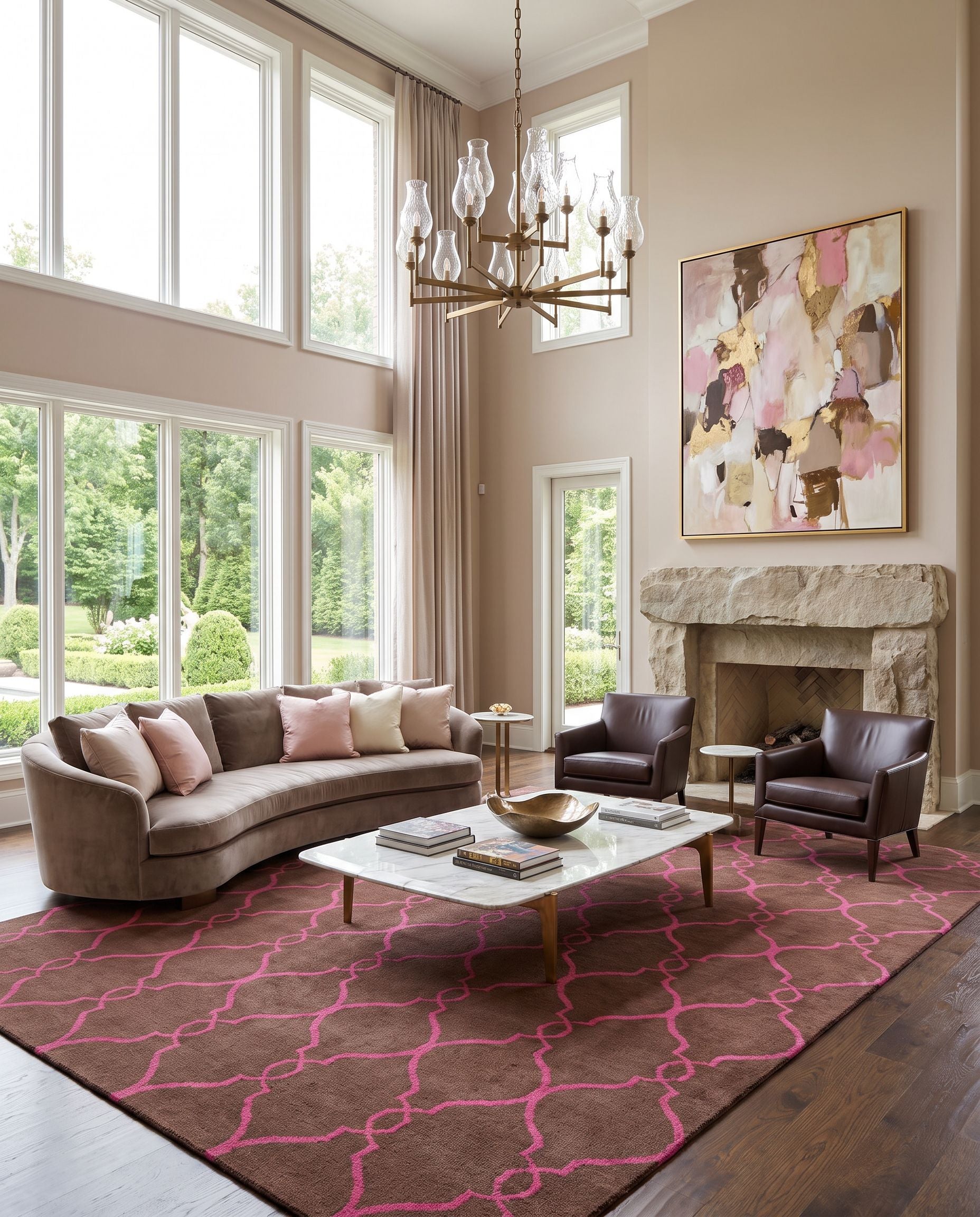Fallon FAL-1012 Hand Woven Rug as the centerpiece of a bright luxury living room — a hand woven modern area rug in dark brown and magenta tones