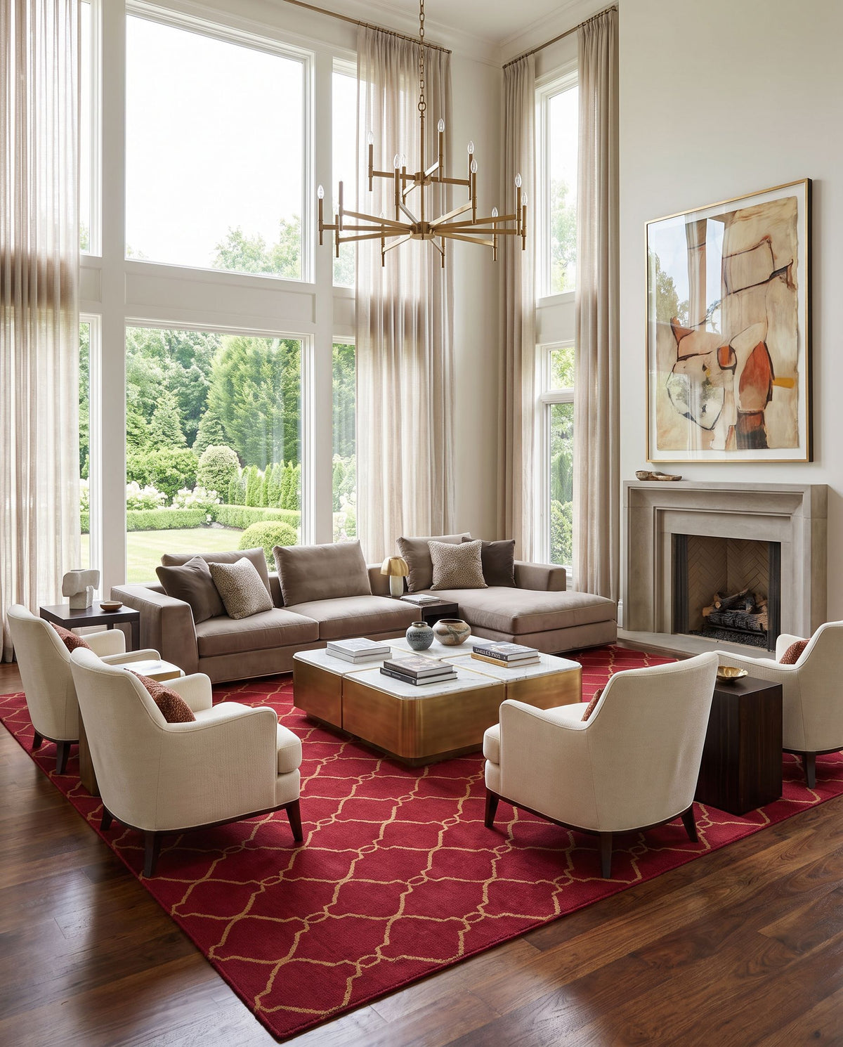 Fallon FAL-1013 Hand Woven Rug as the centerpiece of a bright luxury living room — a hand woven modern area rug in rust and brown tones
