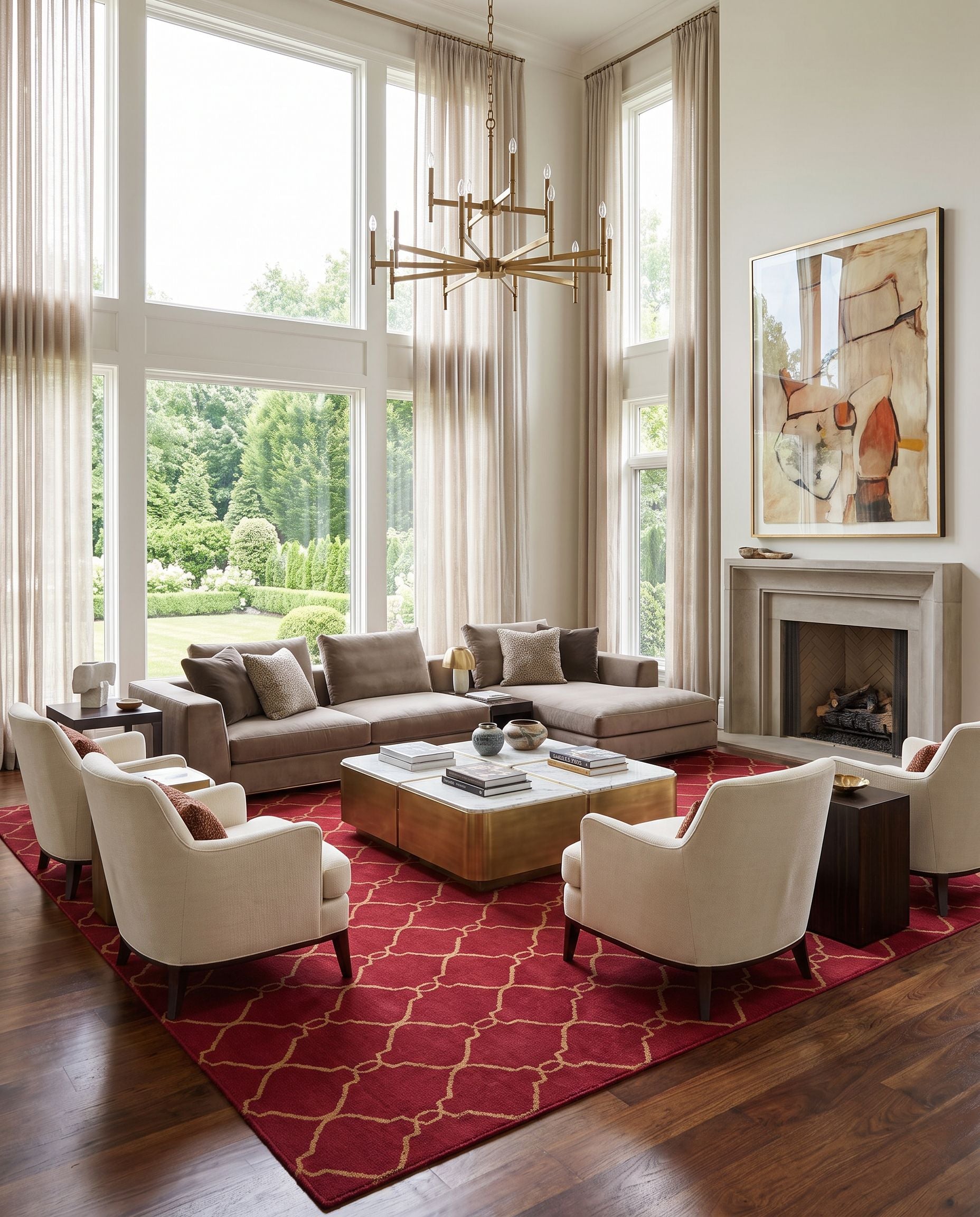 Fallon FAL-1013 Hand Woven Rug as the centerpiece of a bright luxury living room — a hand woven modern area rug in rust and brown tones