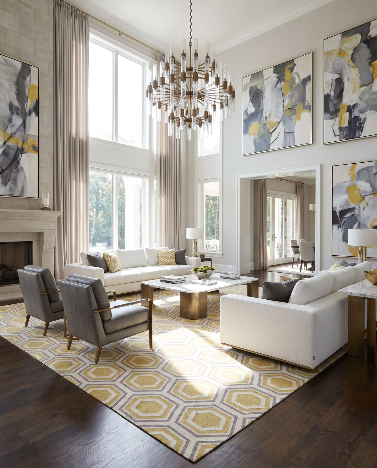 Fallon FAL-1036 Hand Woven Rug as the centerpiece of a bright luxury living room — a hand woven modern area rug in light beige, tan and medium gray tones
