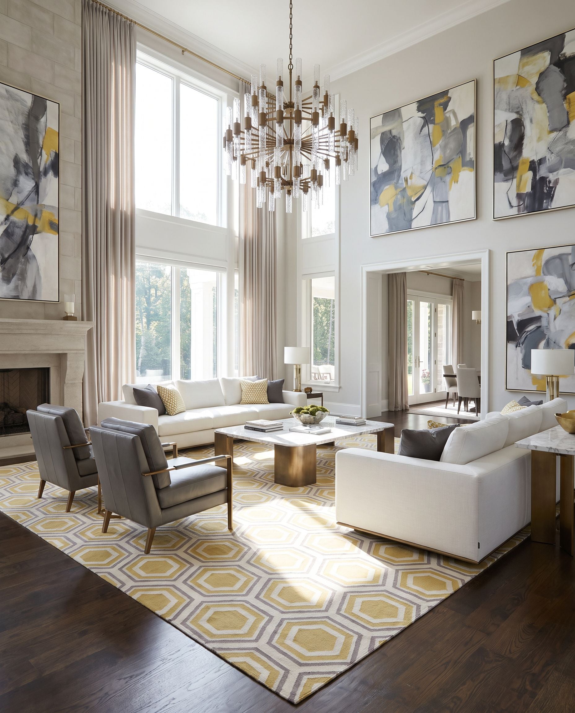 Fallon FAL-1036 Hand Woven Rug as the centerpiece of a bright luxury living room — a hand woven modern area rug in light beige, tan and medium gray tones