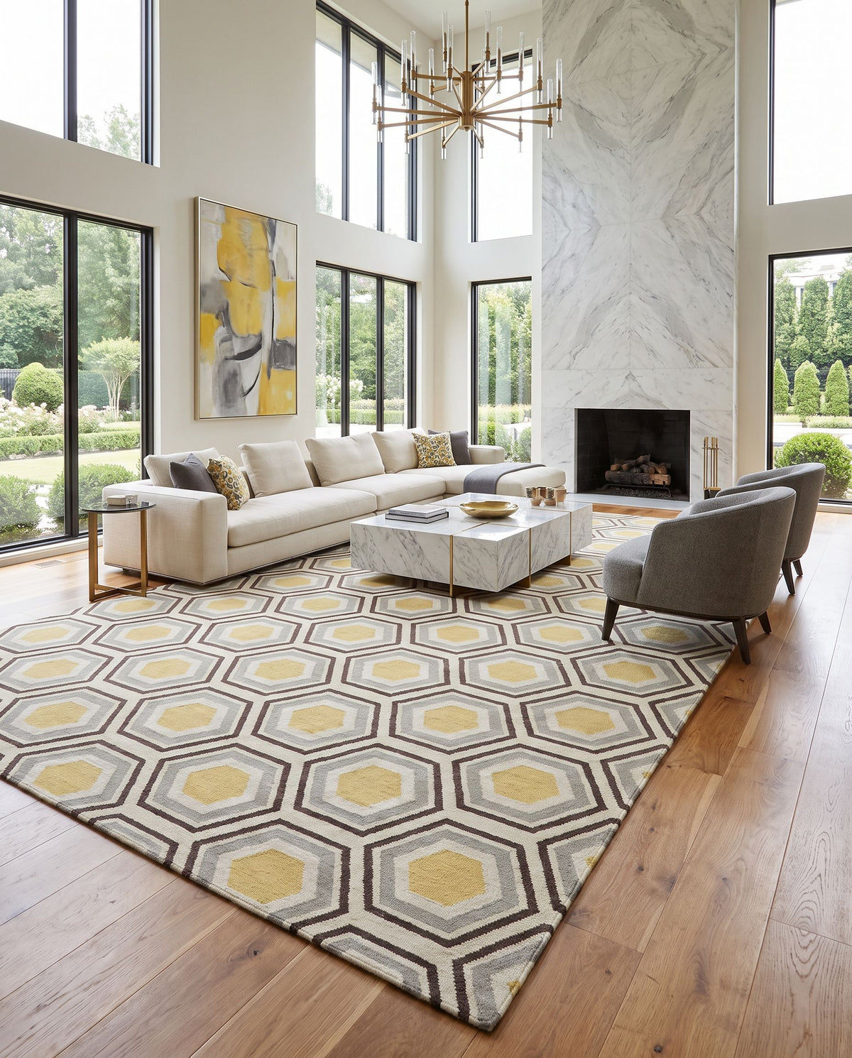 Fallon FAL-1037 Hand Woven Rug as the centerpiece of a bright luxury living room — a hand woven modern area rug in tan, black and light beige tones