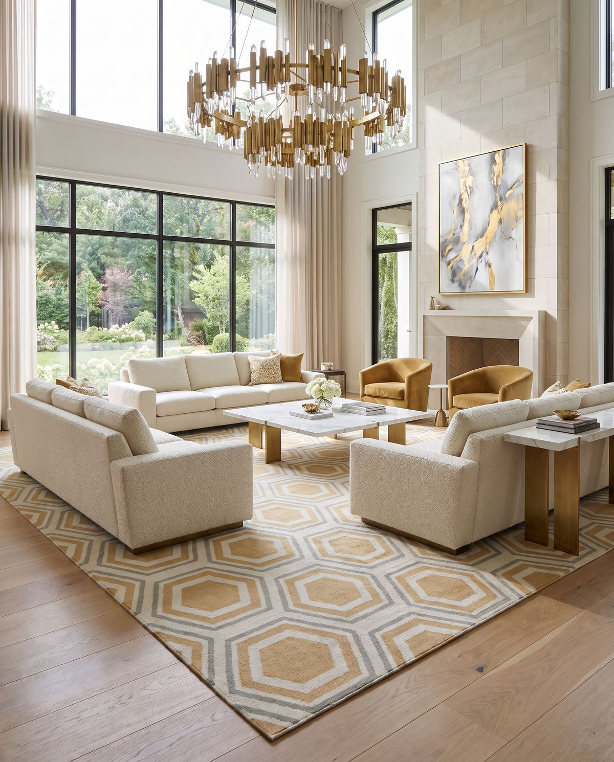 Fallon FAL-1038 Hand Woven Rug as the centerpiece of a bright luxury living room — a hand woven modern area rug in light beige, tan and sage tones