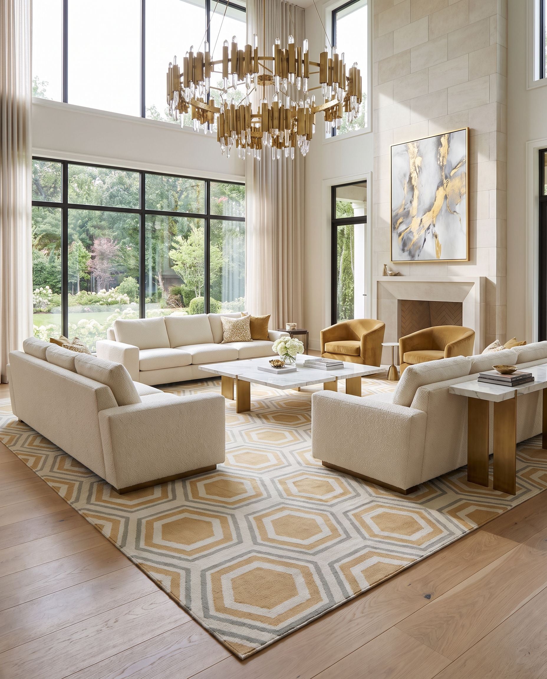 Fallon FAL-1038 Hand Woven Rug as the centerpiece of a bright luxury living room — a hand woven modern area rug in light beige, tan and sage tones