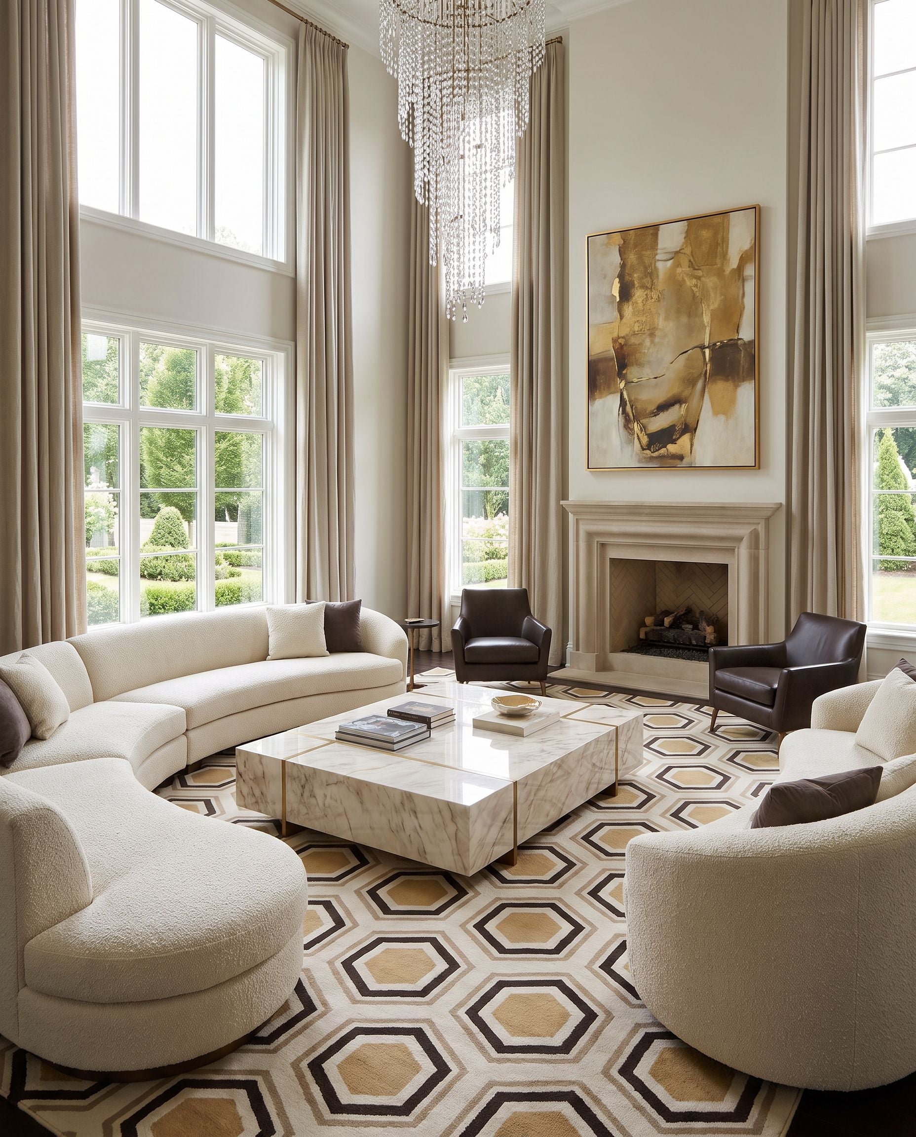 Fallon FAL-1039 Hand Woven Rug as the centerpiece of a bright luxury living room — a hand woven modern area rug in camel, black and light beige tones