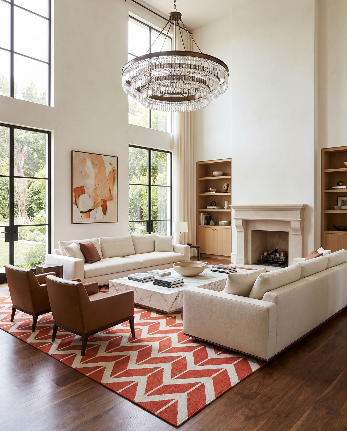 Fallon FAL-1054 Hand Woven Rug as the centerpiece of a bright luxury living room — a hand woven modern area rug in coral and light beige tones