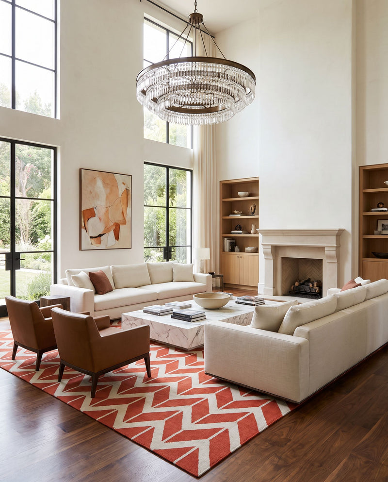 Fallon FAL-1054 Hand Woven Rug as the centerpiece of a bright luxury living room — a hand woven modern area rug in coral and light beige tones