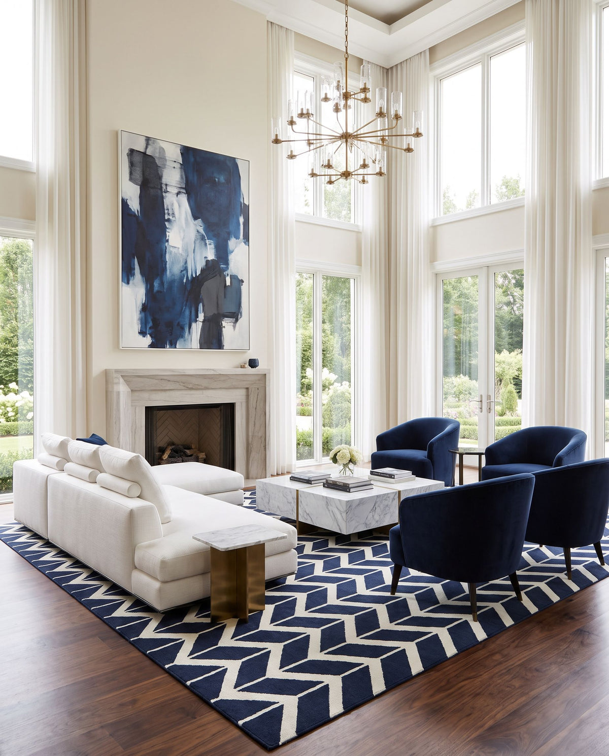 Fallon FAL-1055 Hand Woven Rug as the centerpiece of a bright luxury living room — a hand woven modern area rug in ink blue and light beige tones