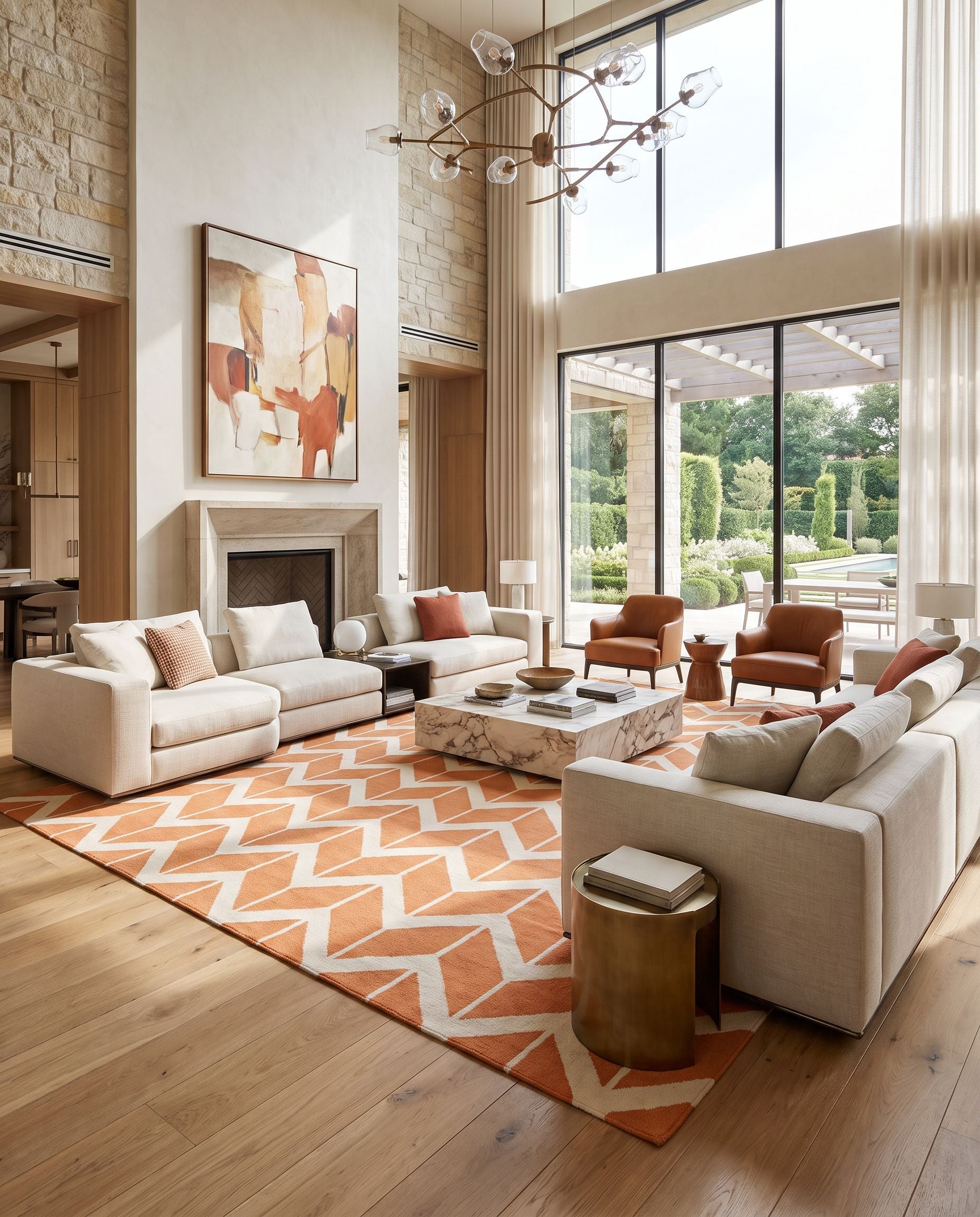 Fallon FAL-1081 Hand Woven Rug as the centerpiece of a bright luxury living room — a hand woven modern area rug in orange and cream tones