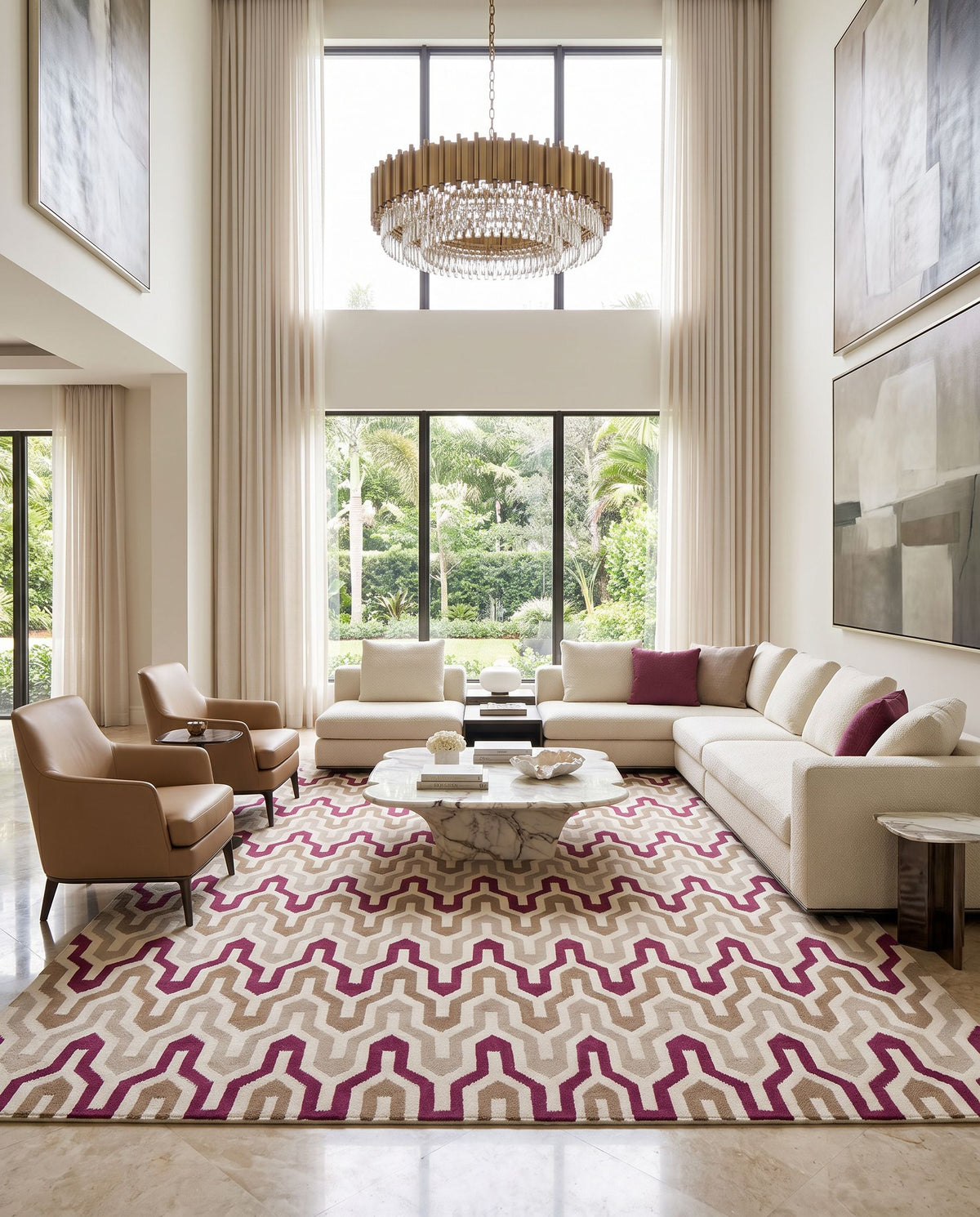 Fallon FAL-1104 Hand Woven Rug as the centerpiece of a bright luxury living room — a hand woven modern area rug in ivory, medium brown, dark red and dusty sage tones
