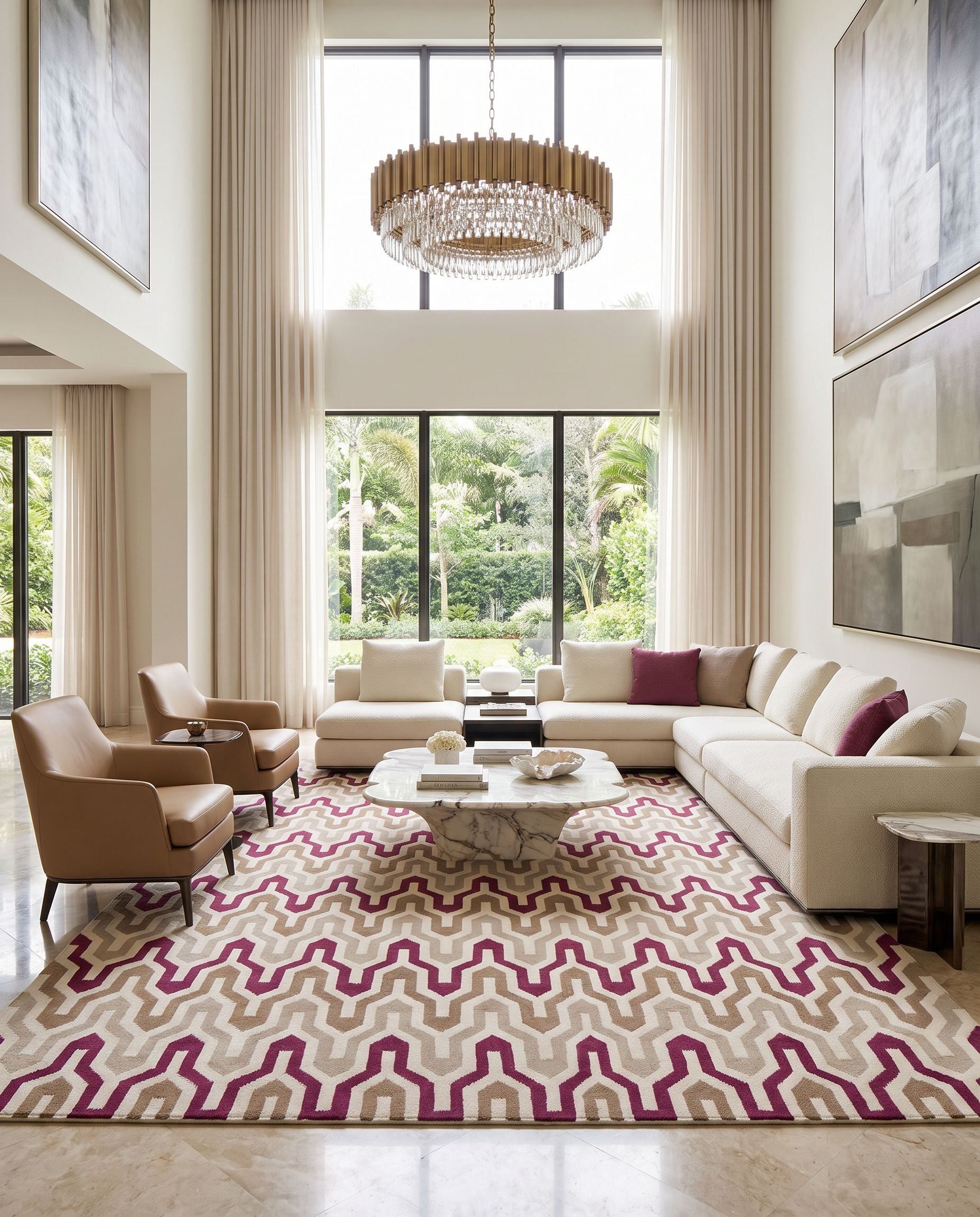 Fallon FAL-1104 Hand Woven Rug as the centerpiece of a bright luxury living room — a hand woven modern area rug in ivory, medium brown, dark red and dusty sage tones