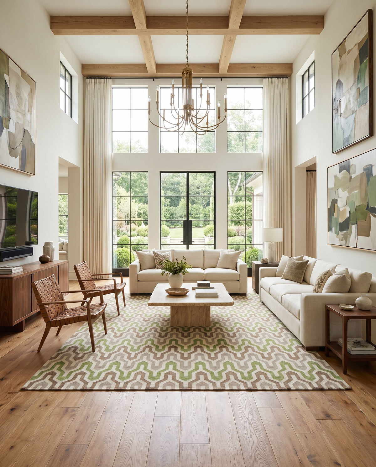 Fallon FAL-1107 Hand Woven Rug as the centerpiece of a bright luxury living room — a hand woven modern area rug in ivory, medium brown, dusty sage and grass green tones