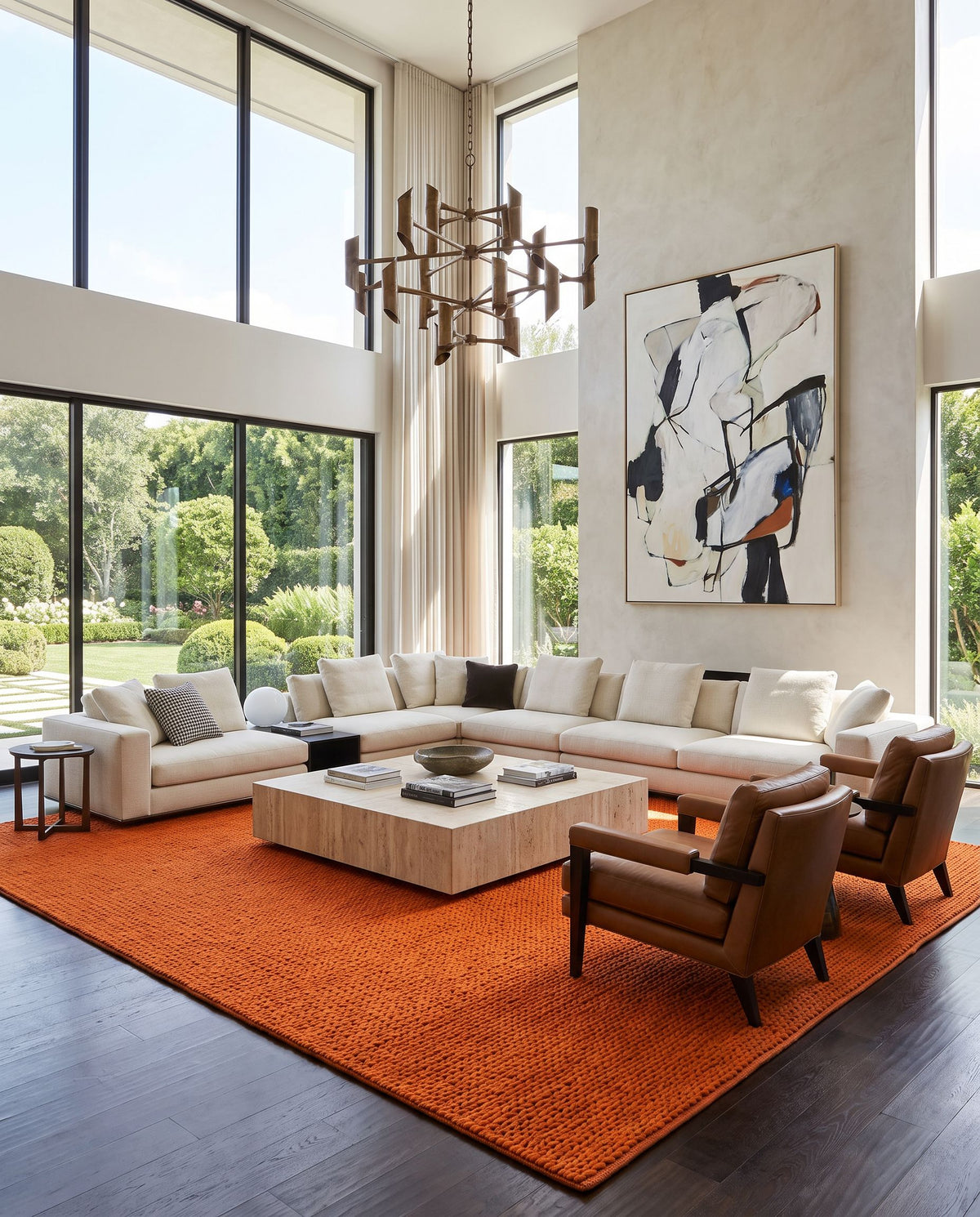 Fargo FARGO-109 Hand Woven Rug as the centerpiece of a bright luxury living room — a hand woven cottage area rug in burnt orange tones