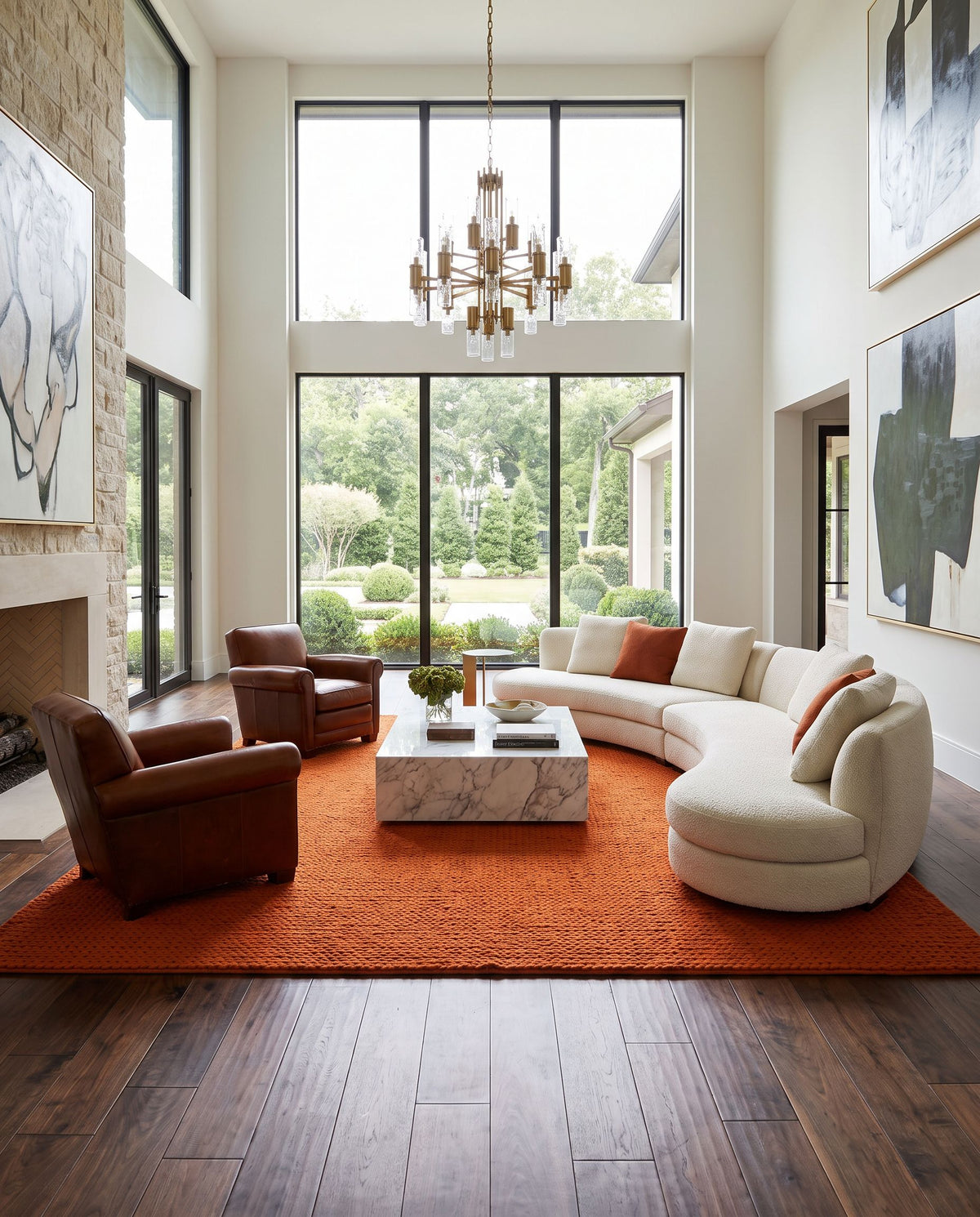 Fargo FARGO-109 Hand Woven Rug styled in an elegant designer living room — hand woven cottage area rug in burnt orange tones