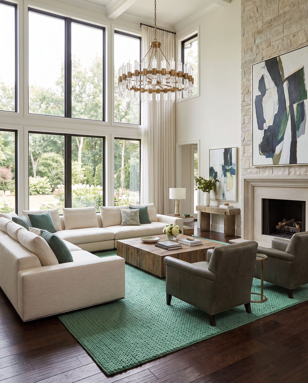 Fargo FARGO-114 Hand Woven Rug as the centerpiece of a bright luxury living room — a hand woven cottage area rug in green tones