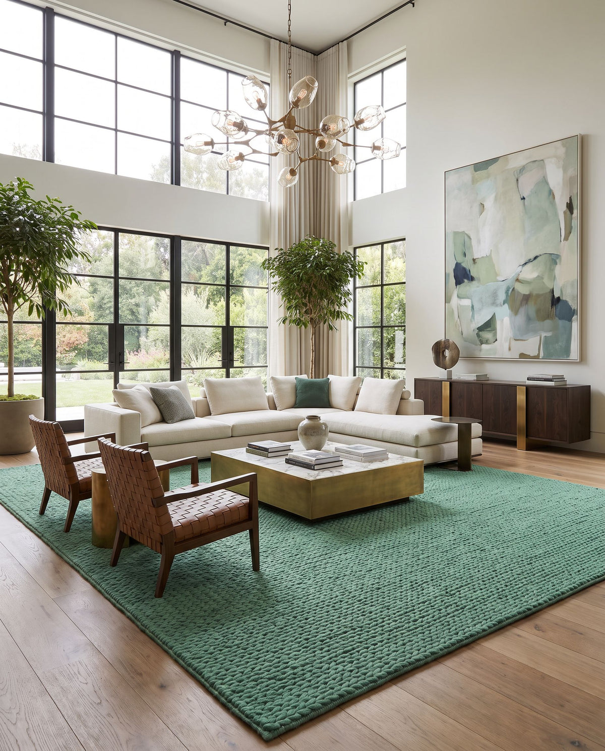 Fargo FARGO-114 Hand Woven Rug styled in an elegant designer living room — hand woven cottage area rug in green tones