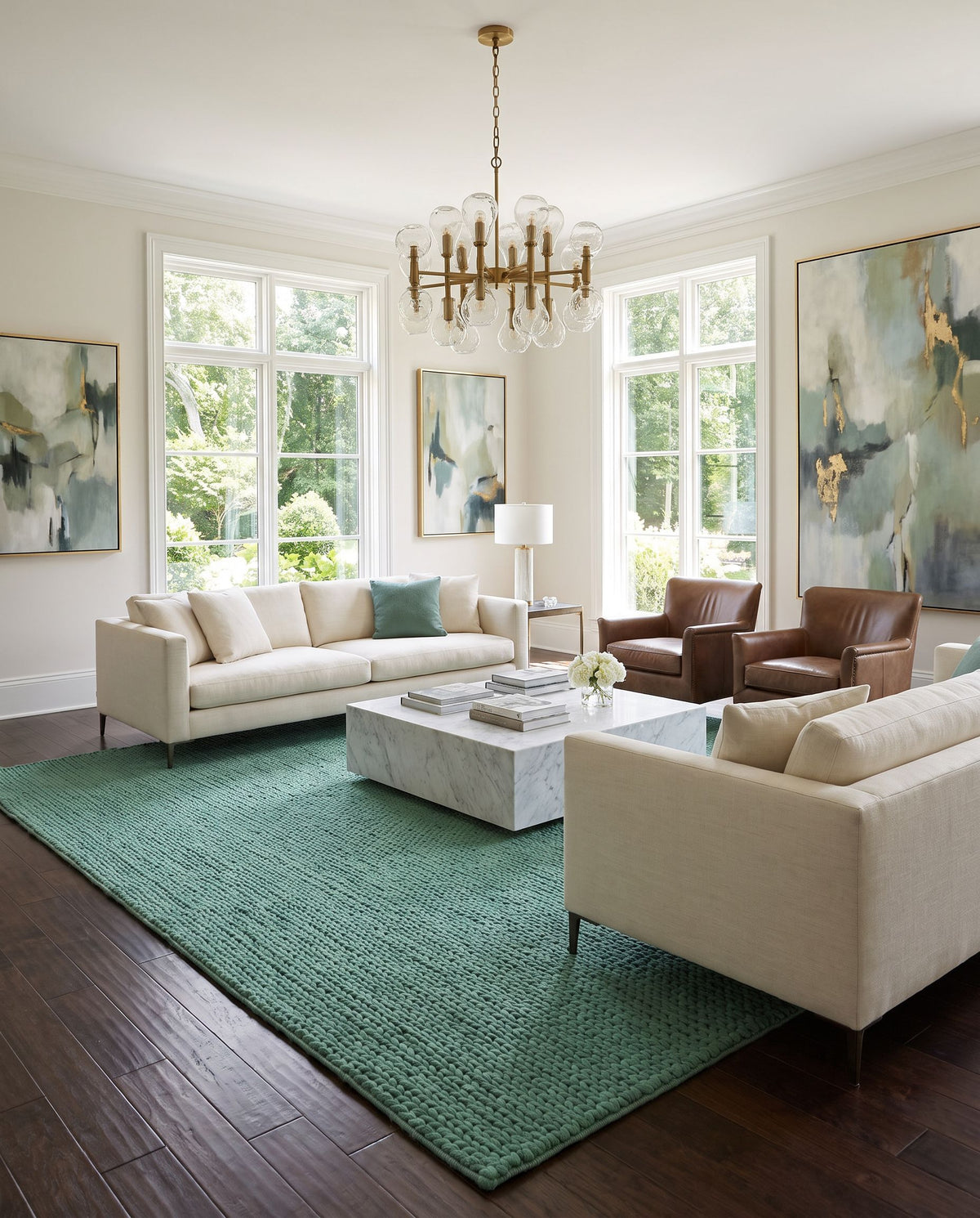 Fargo FARGO-114 Hand Woven Rug styled in an elegant designer living room — hand woven cottage area rug in green tones