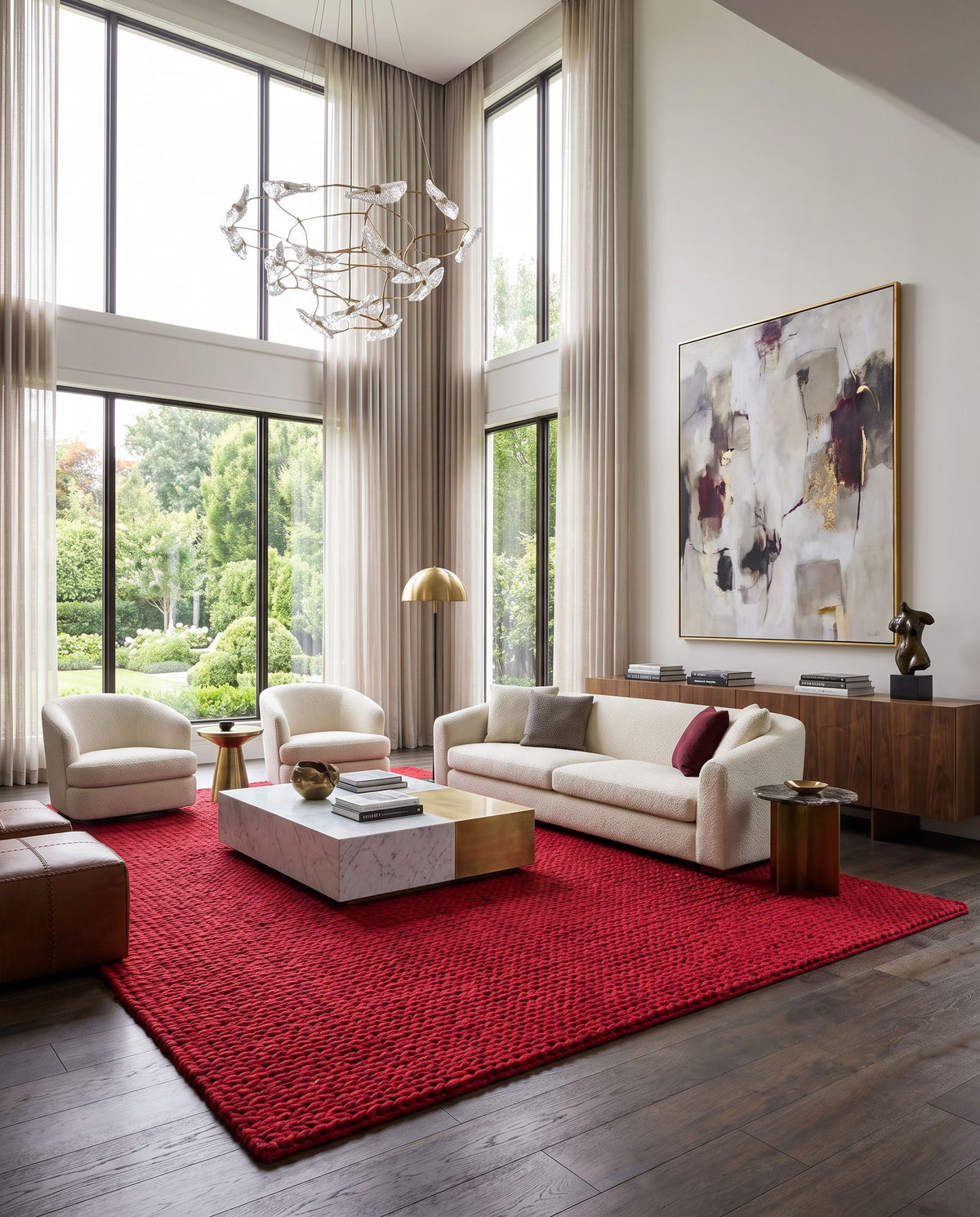 Fargo FARGO-117 Hand Woven Rug as the centerpiece of a bright luxury living room — a hand woven cottage area rug in red tones