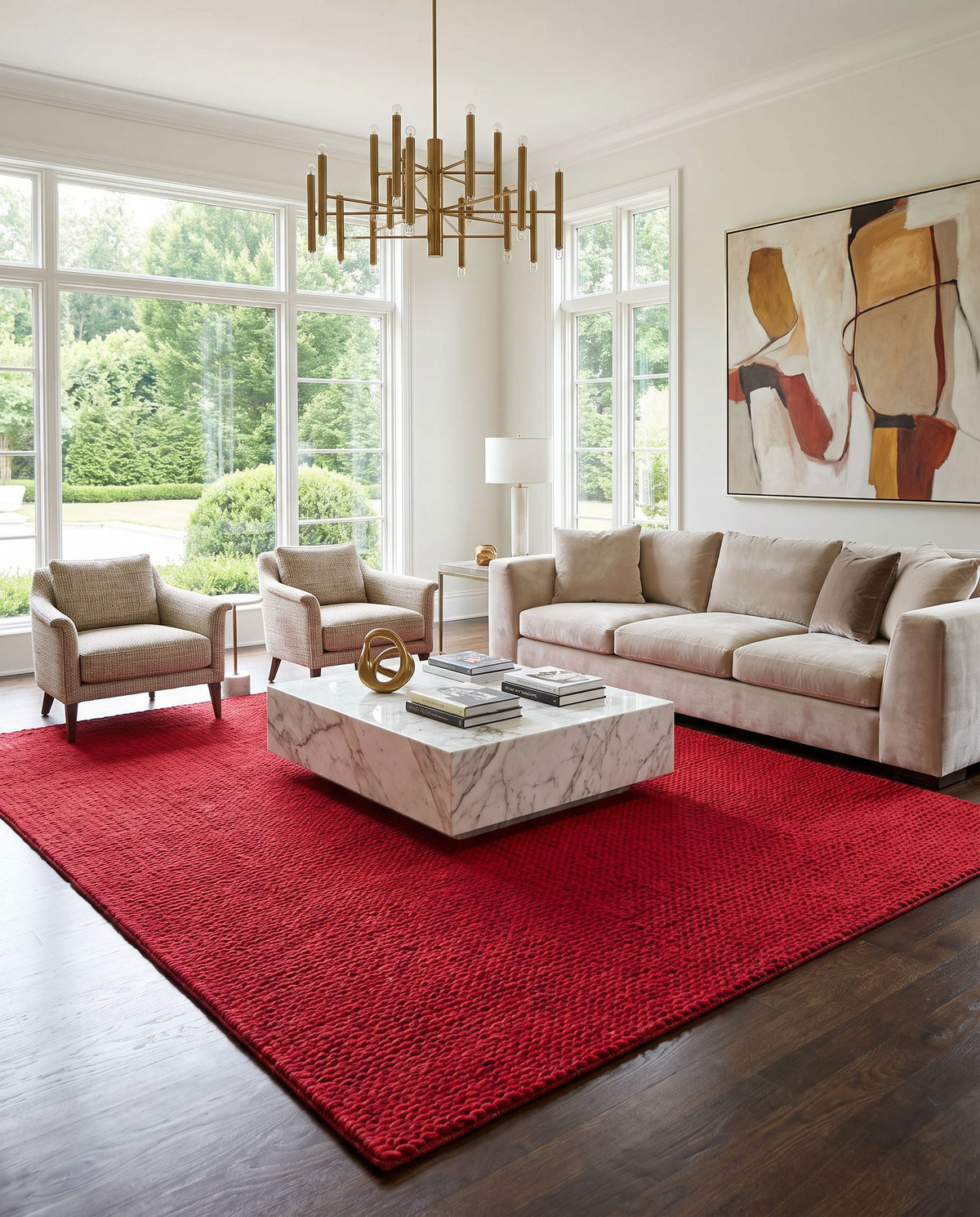 Fargo FARGO-117 Hand Woven Rug styled in an elegant designer living room — hand woven cottage area rug in red tones