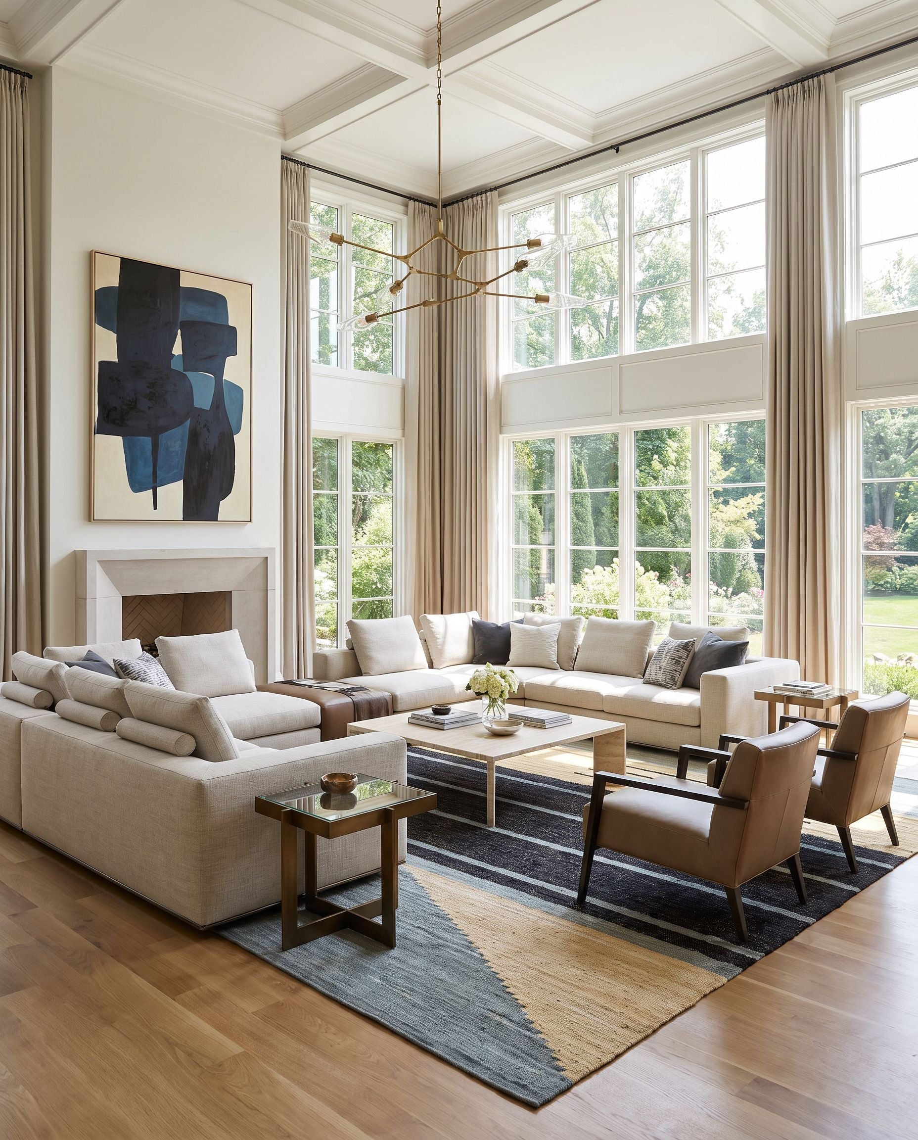Fulham FHM-2301 Hand Woven Rug as the centerpiece of a bright luxury living room — a hand woven modern area rug in black, wheat, teal and pale blue tones