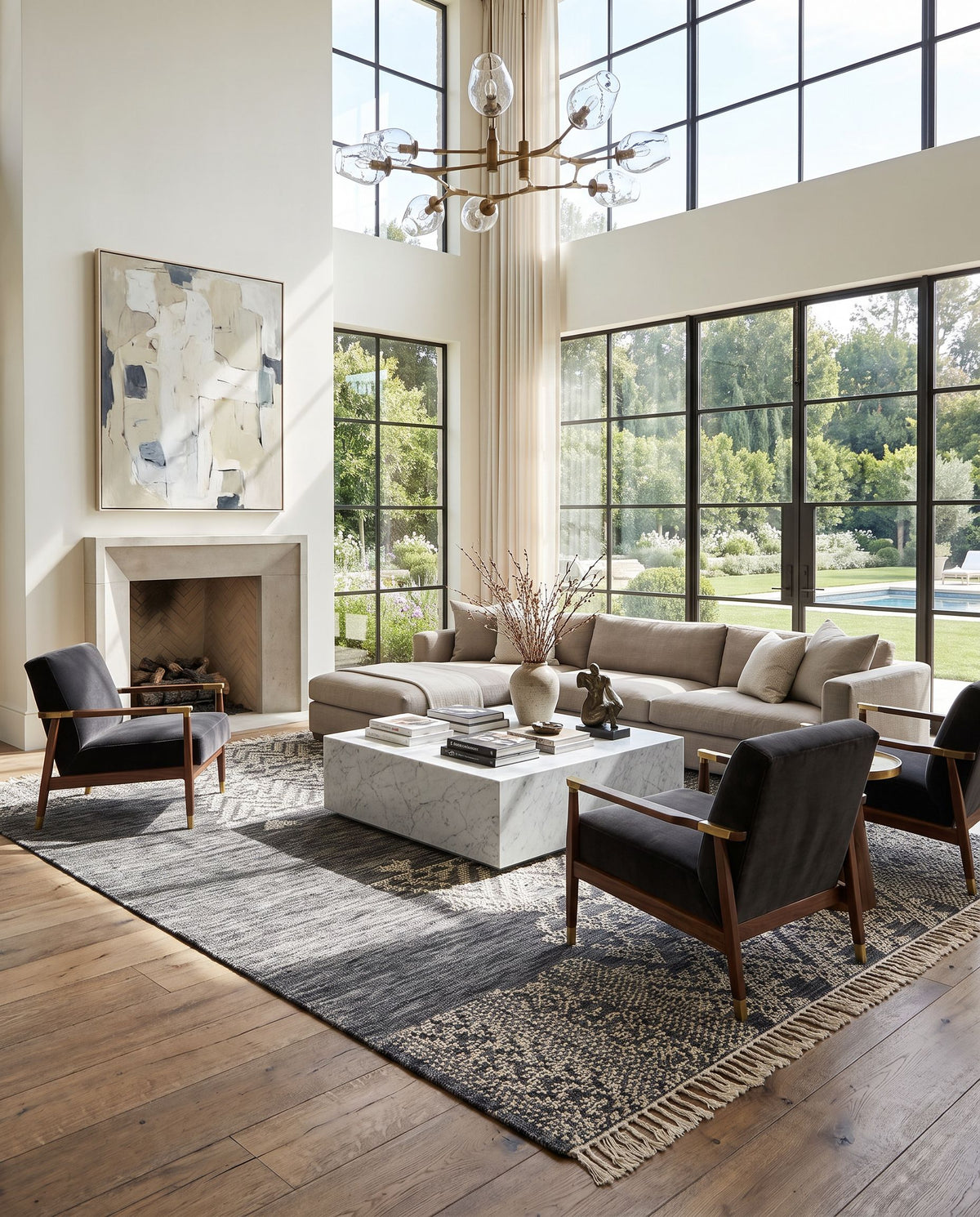 Fulham FHM-2304 Hand Woven Rug as the centerpiece of a bright luxury living room — a hand woven cottage area rug in ink blue, cream and slate tones