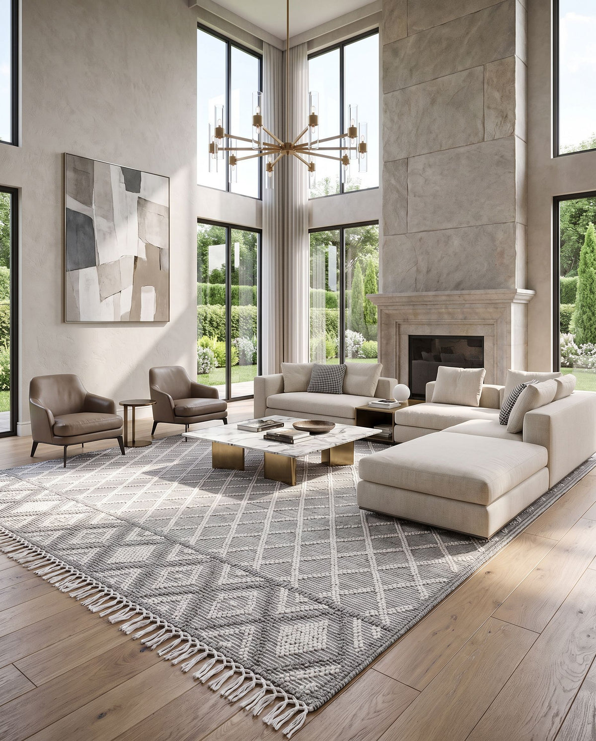 Fleur FLE-2300 Hand Woven Rug as the centerpiece of a bright luxury living room — a hand woven global area rug in slate, charcoal and off-white tones