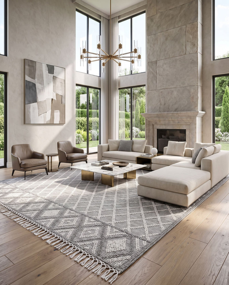 Fleur FLE-2300 Hand Woven Rug as the centerpiece of a bright luxury living room — a hand woven global area rug in slate, charcoal and off-white tones