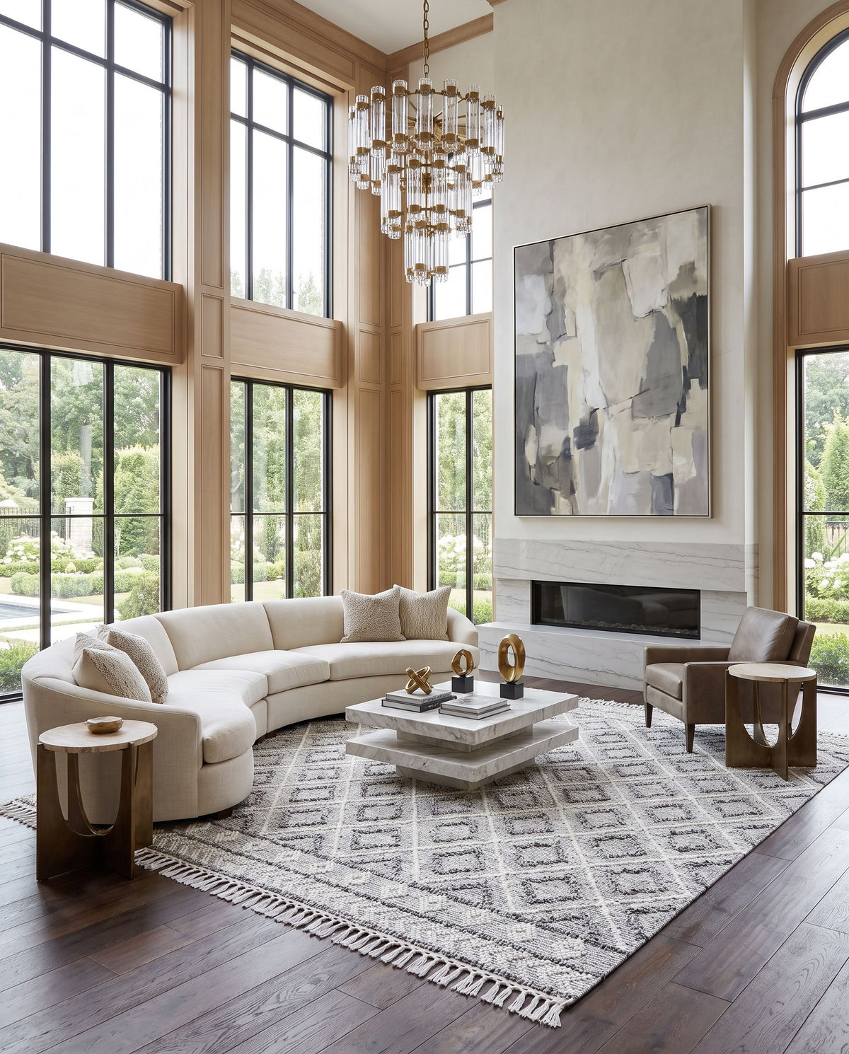 Fleur FLE-2301 Hand Woven Rug as the centerpiece of a bright luxury living room — a hand woven global area rug in white, gray and black tones