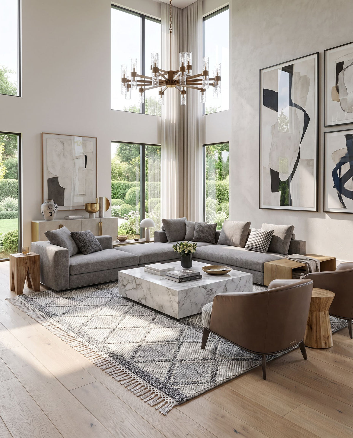 Fleur FLE-2307 Hand Woven Rug as the centerpiece of a bright luxury living room — a hand woven global area rug in white, black and light slate tones